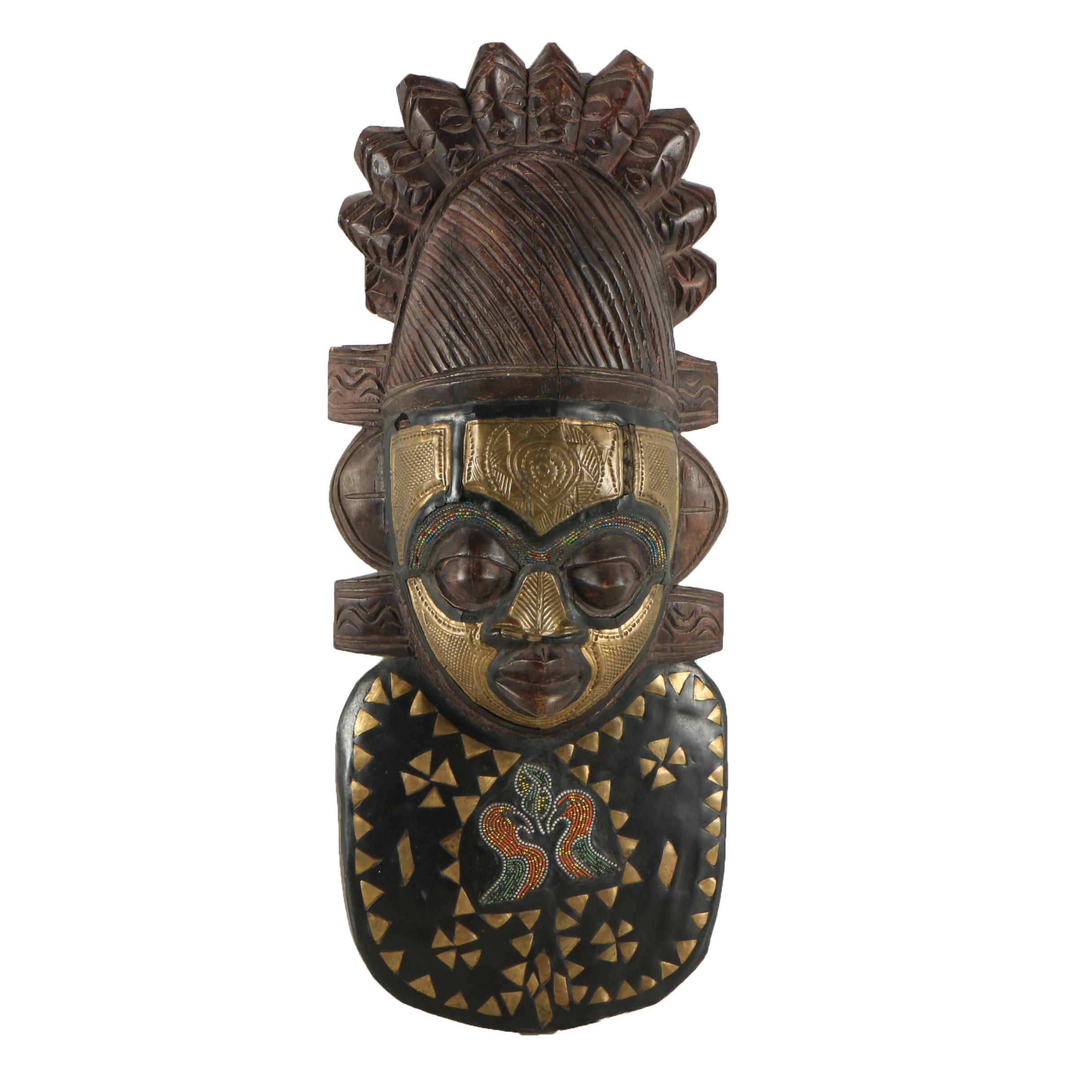 Ashanti Style Masks with Inlaid Brass and Beads