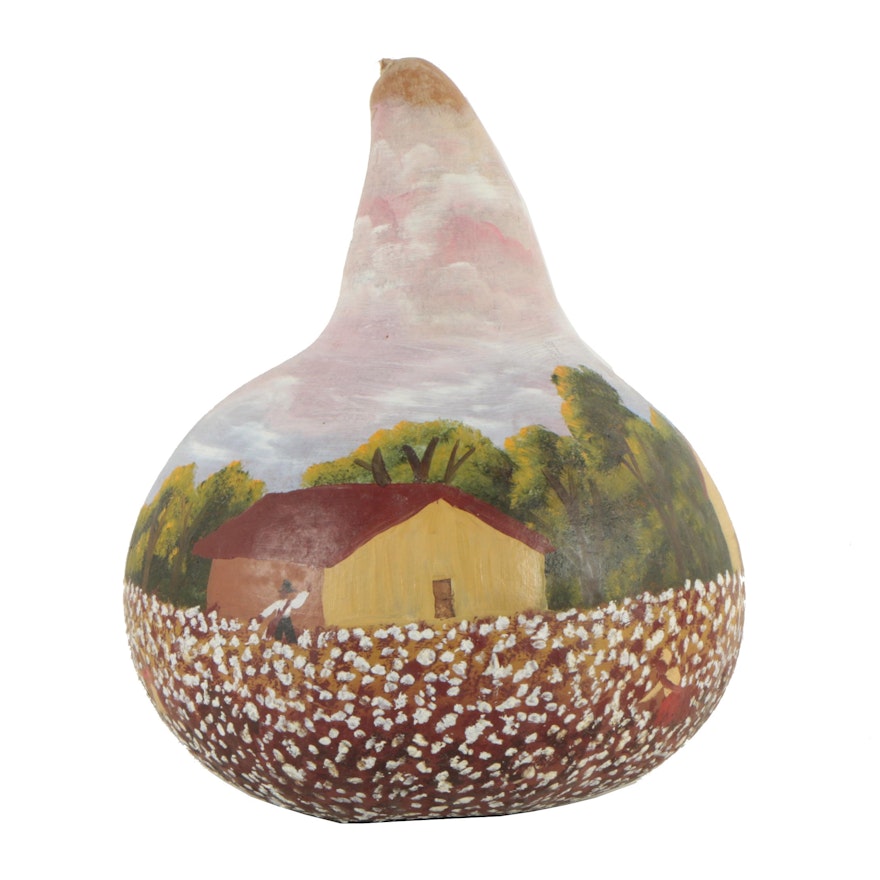 Robert Miller Folk Art Style Oil Painting on Dried Gourd