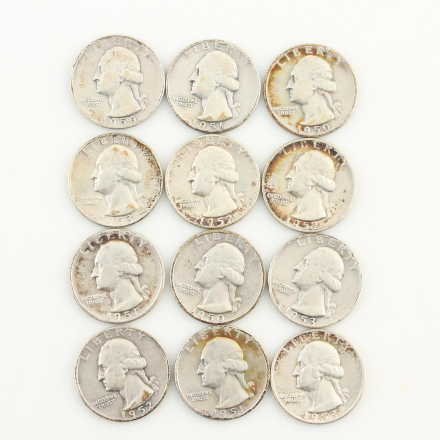 Twelve Vintage Washington Silver Quarters from the Early 1950s