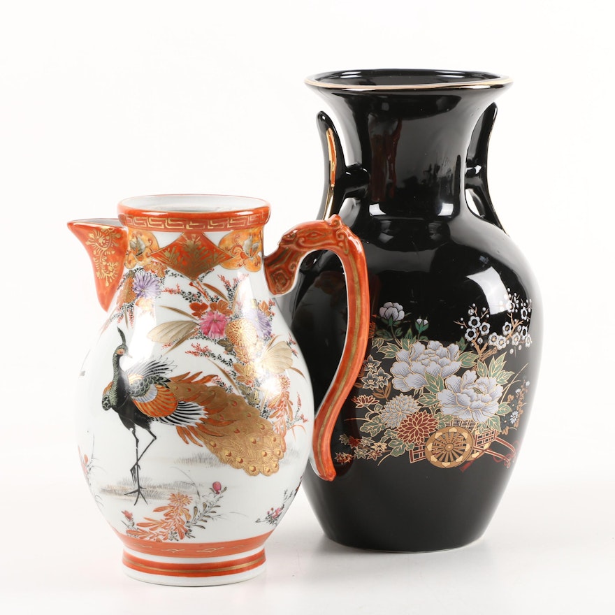 Japanese Hand-Painted Porcelain Vase and Pitcher