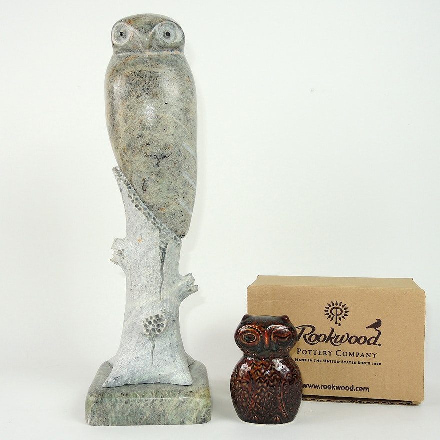 Rookwood Owl Figurine and Hand Carved Stone Owl Sculpture by Inuit Eddy Syngoc