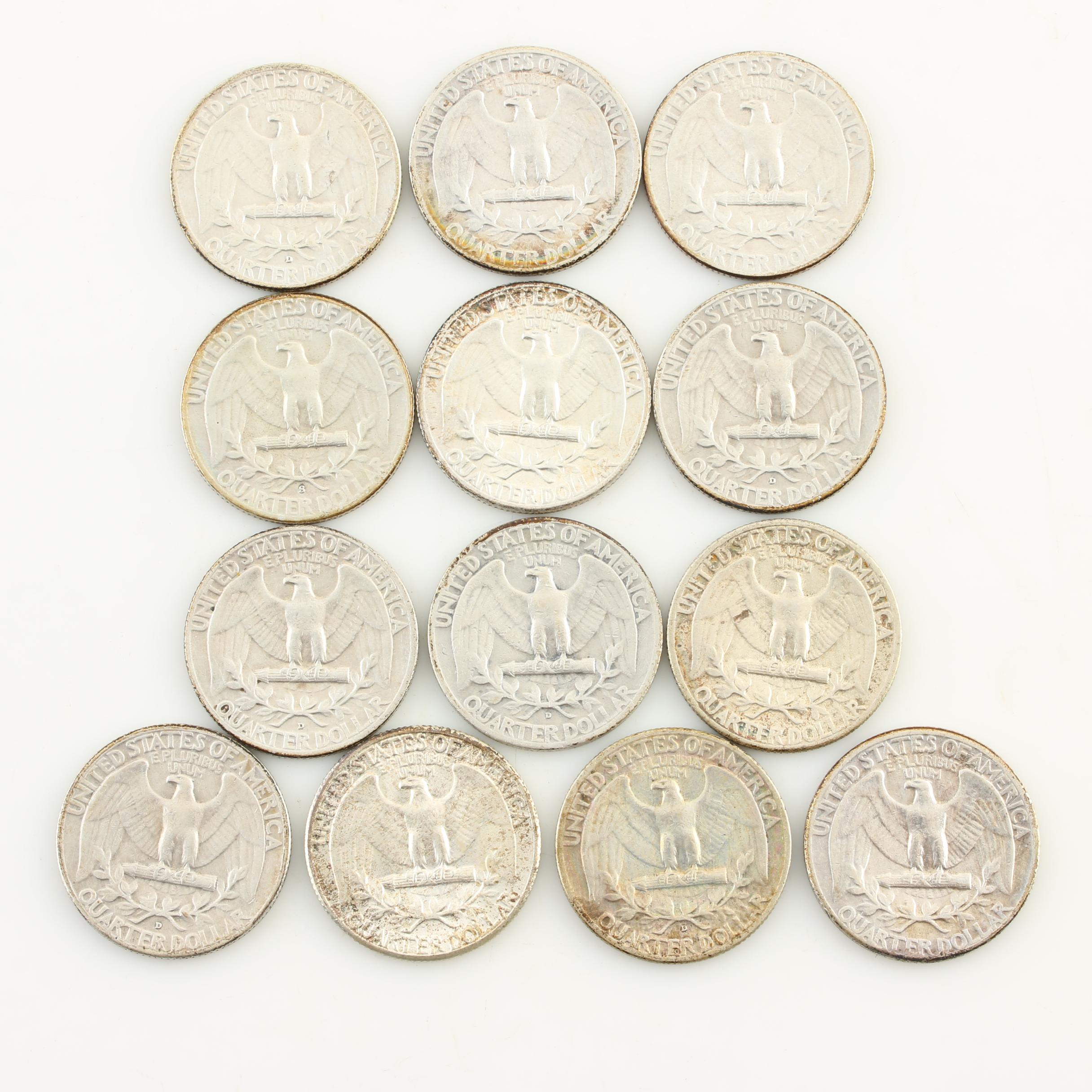 Thirteen Vintage Washington Silver Quarters from the 1950s