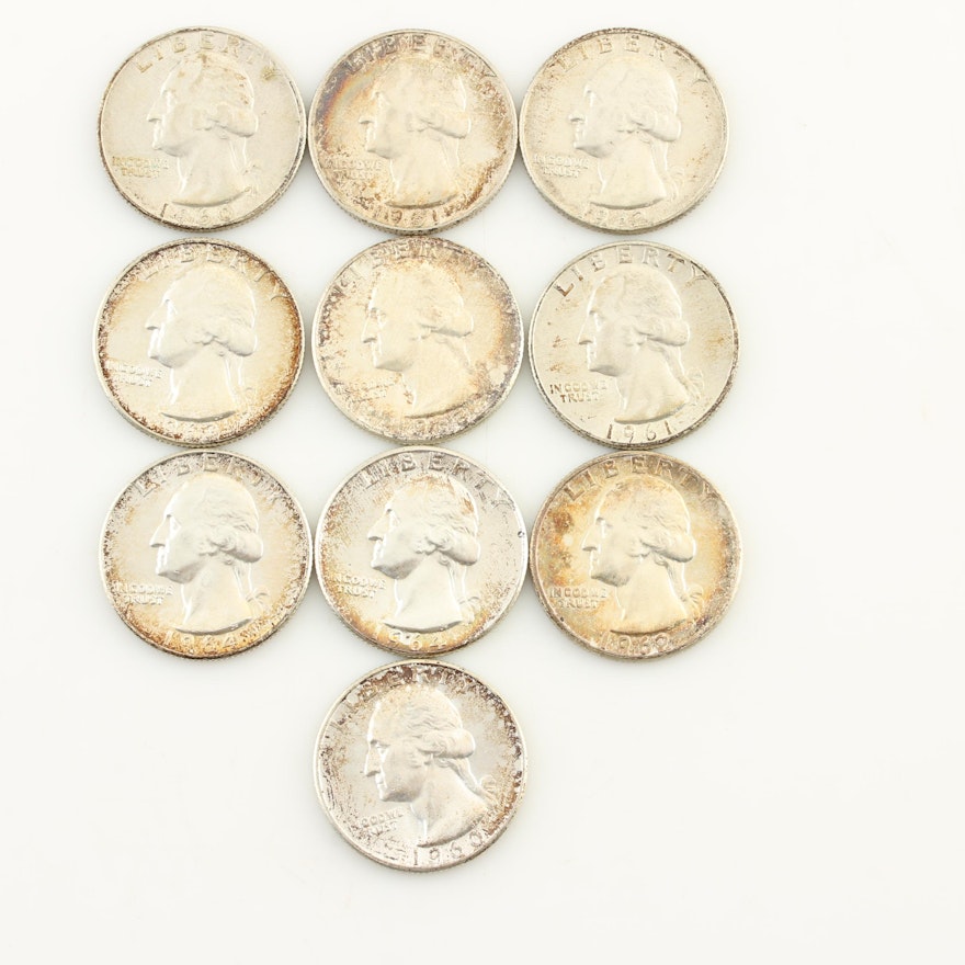 Ten Vintage Washington Silver Quarters from the 1960s