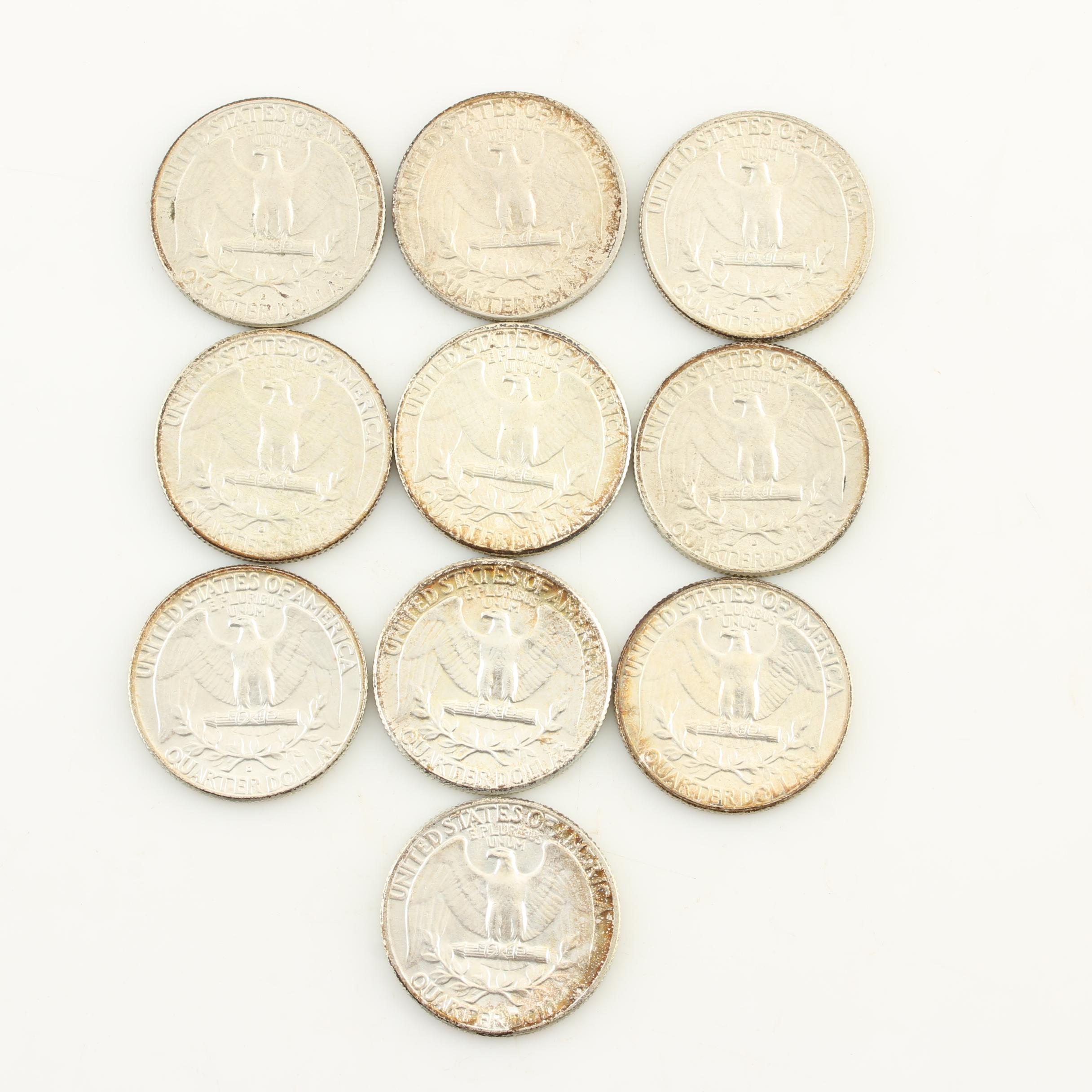 Ten Vintage Washington Silver Quarters from the 1960s