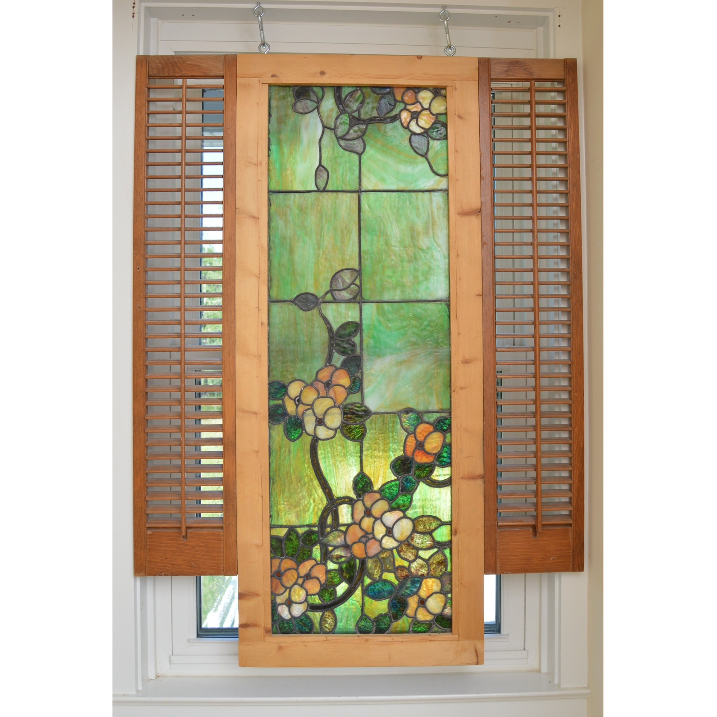 Vintage Stained Glass Window with Attached Side Shutters