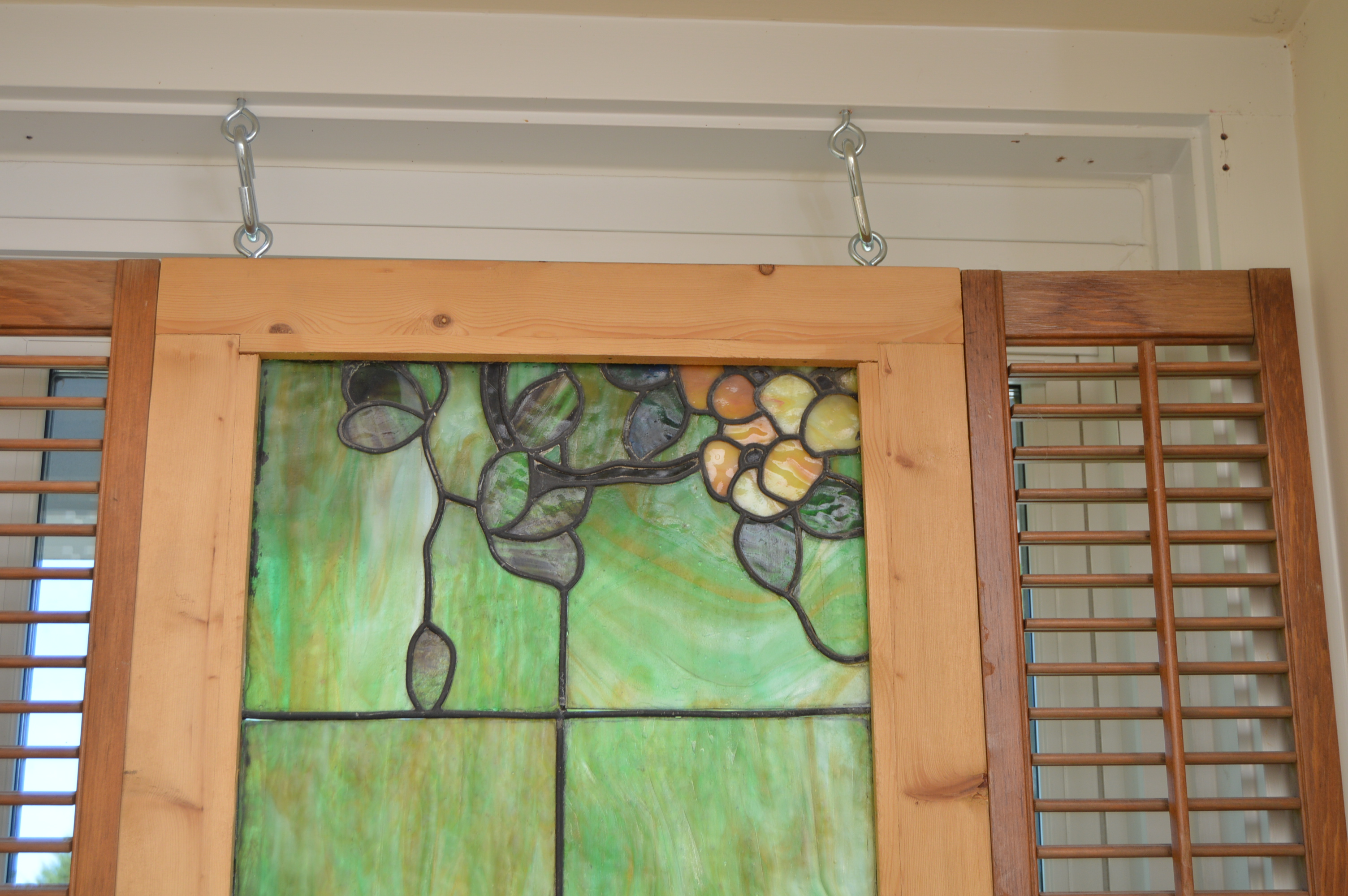 Vintage Stained Glass Window with Attached Side Shutters