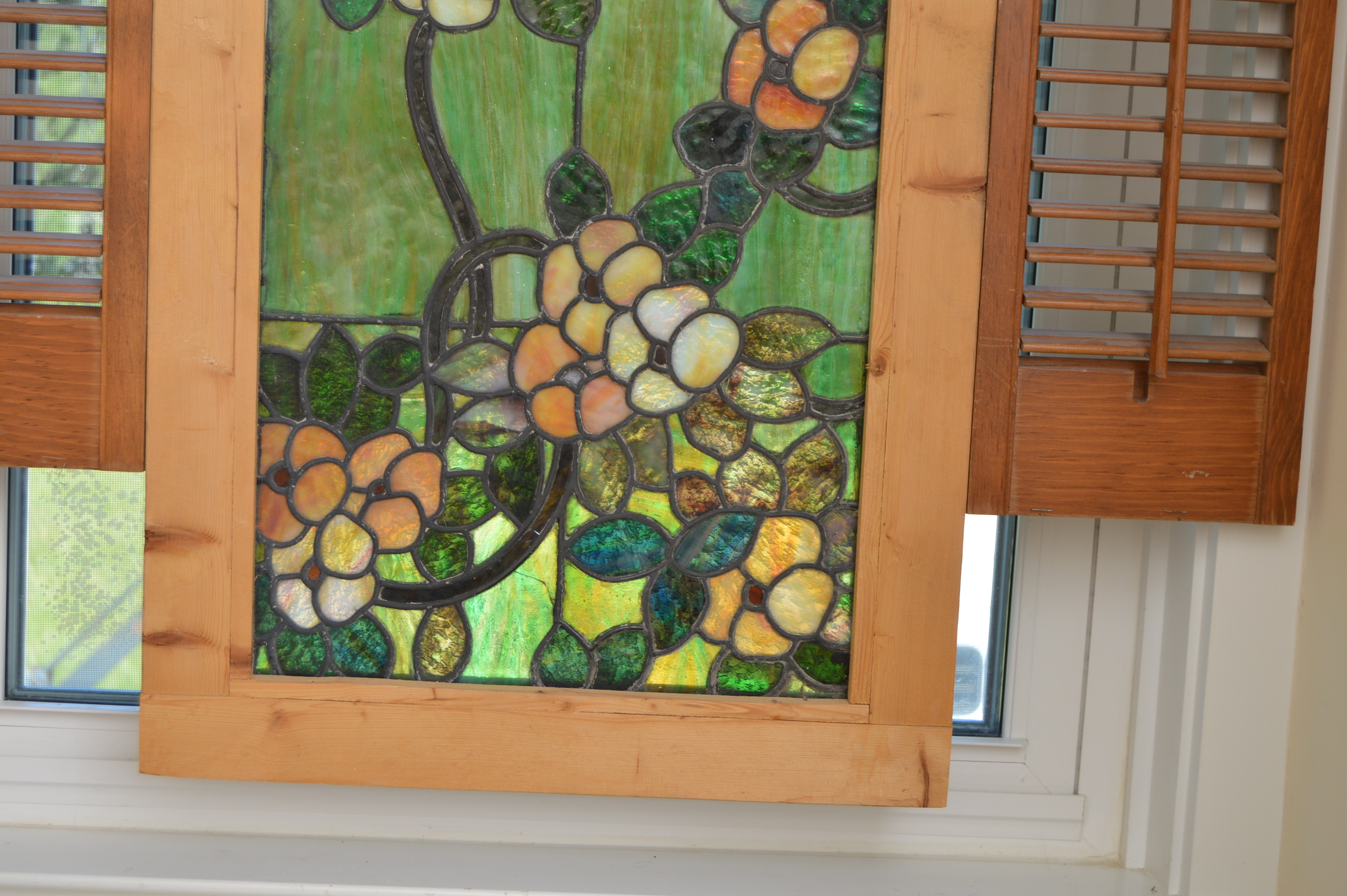 Vintage Stained Glass Window with Attached Side Shutters
