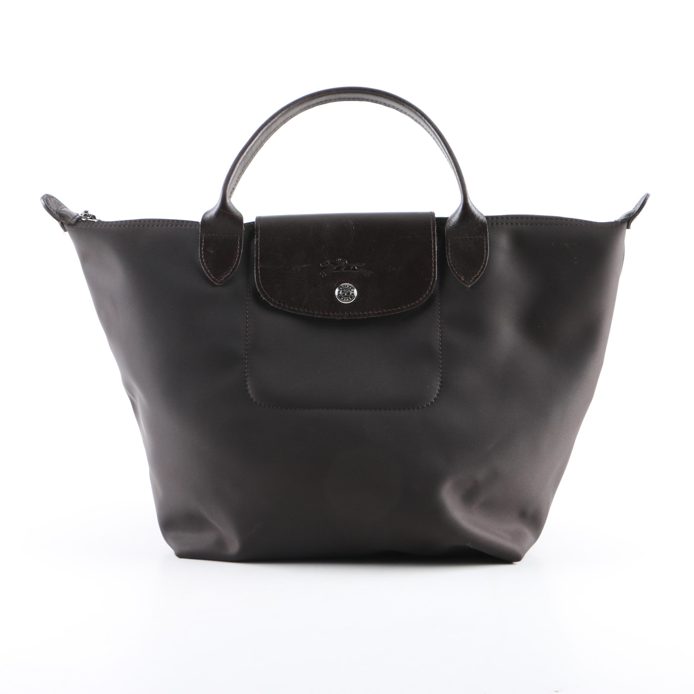 Longchamp Modele Depose Dark Brown Nylon and Leather Mini Tote