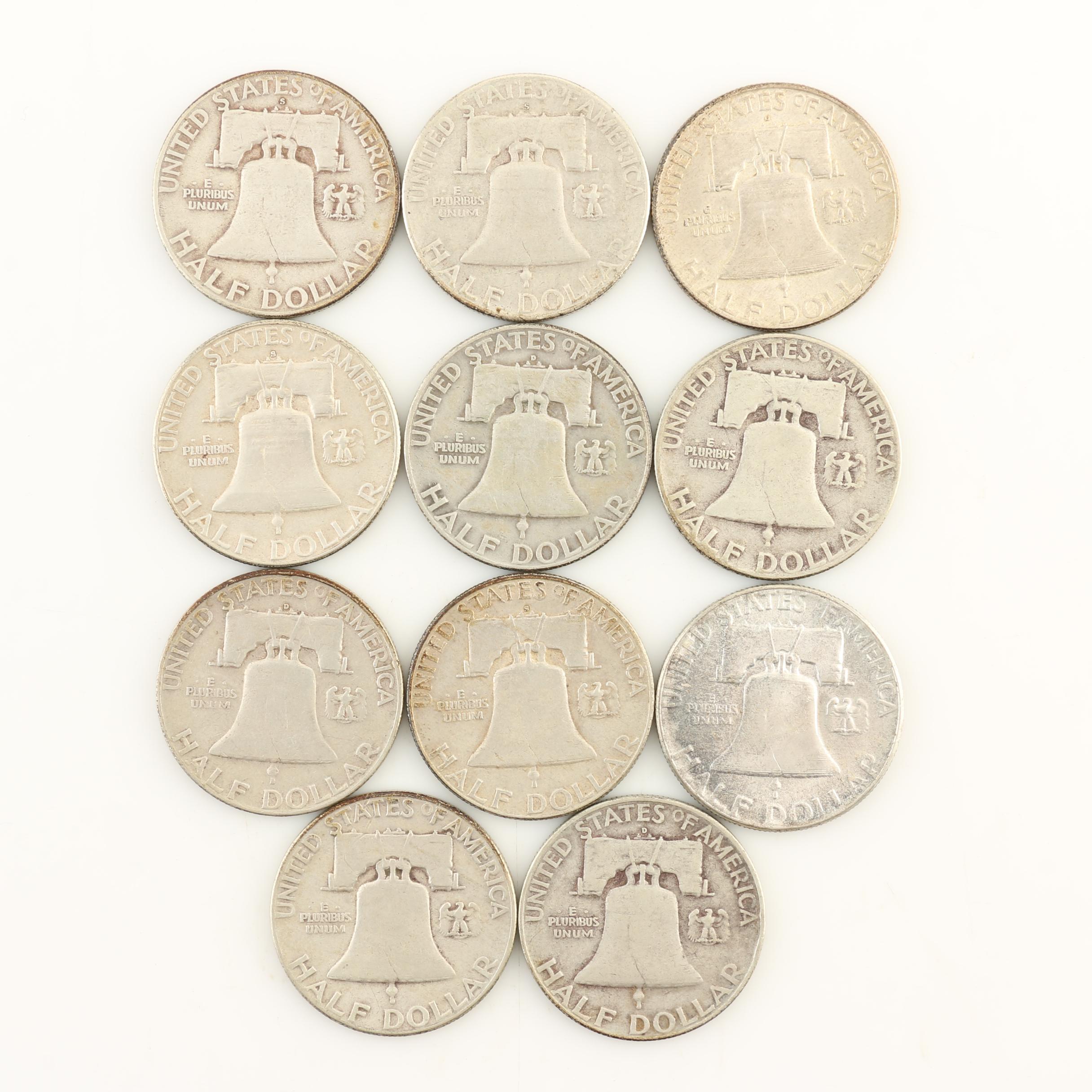 Eleven Franklin Silver Half Dollars from the 1950s
