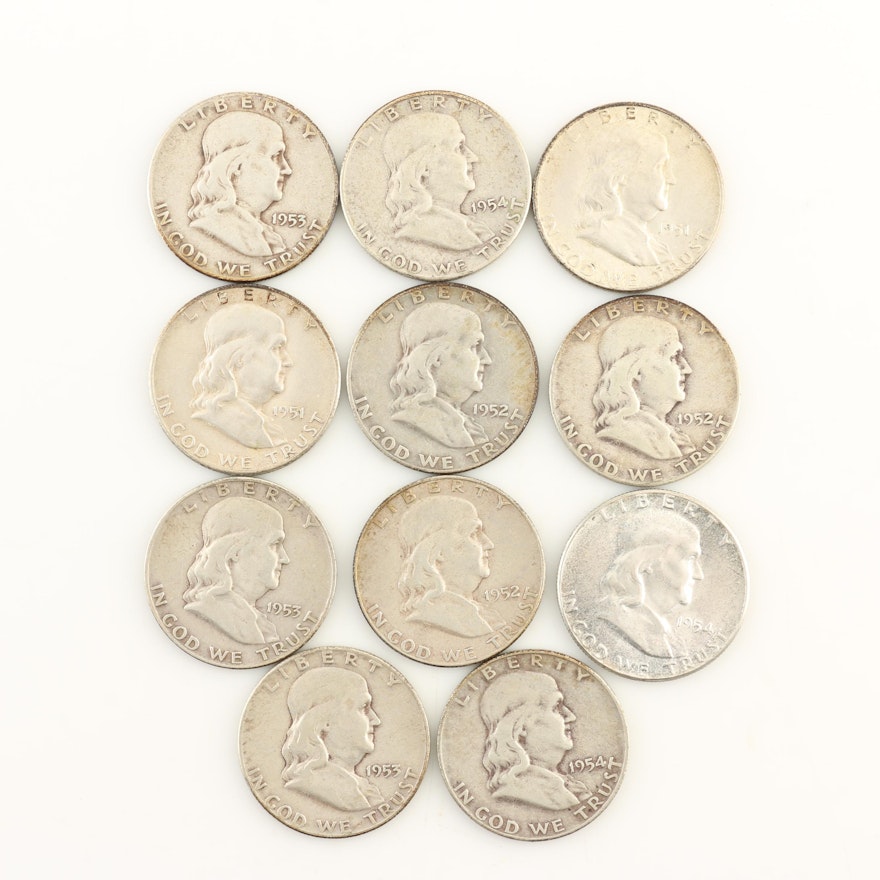 Eleven Franklin Silver Half Dollars from the 1950s