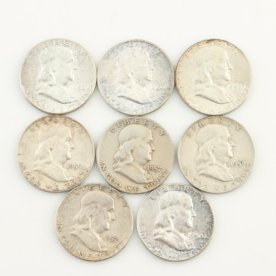 Eight Franklin Silver Half Dollars