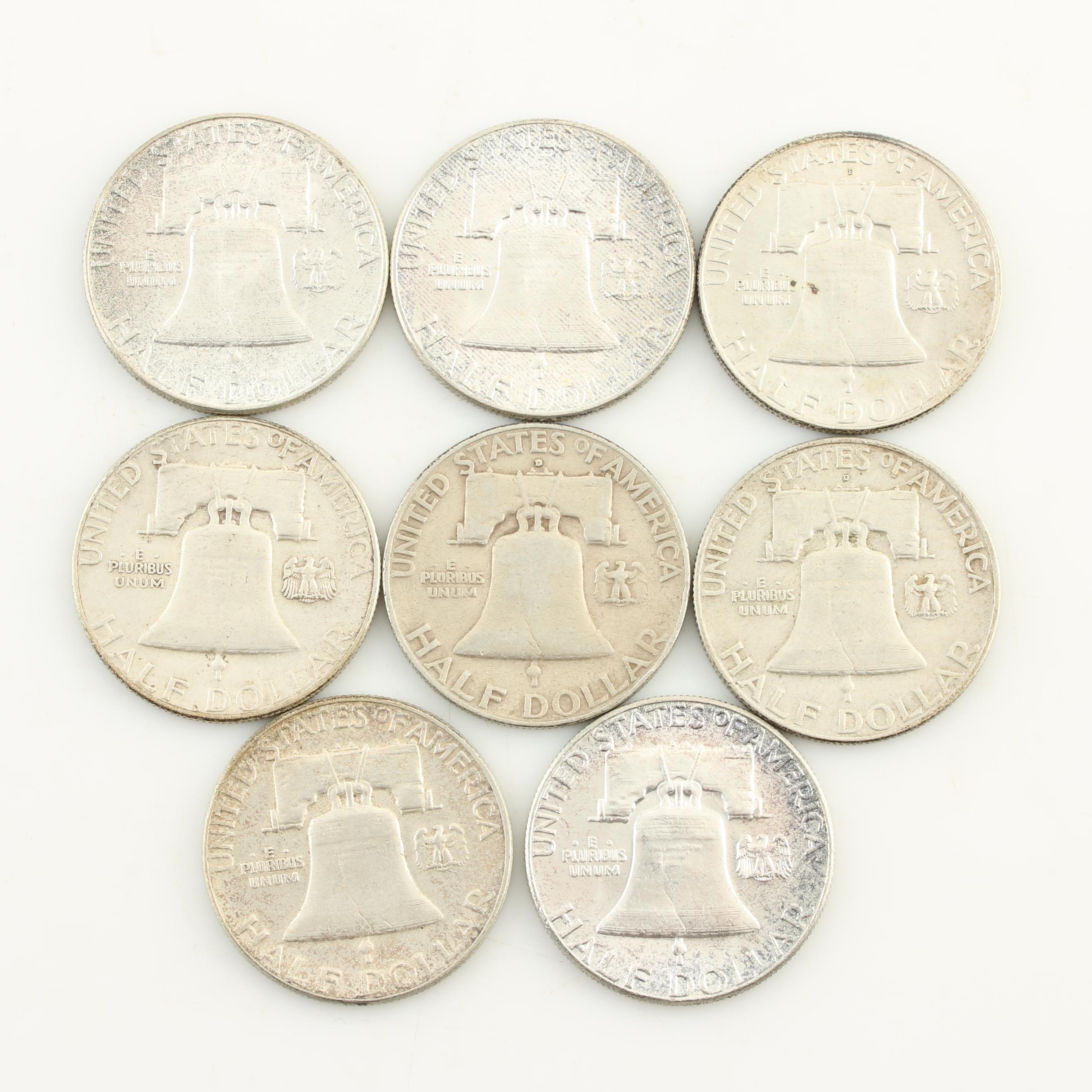 Eight Franklin Silver Half Dollars
