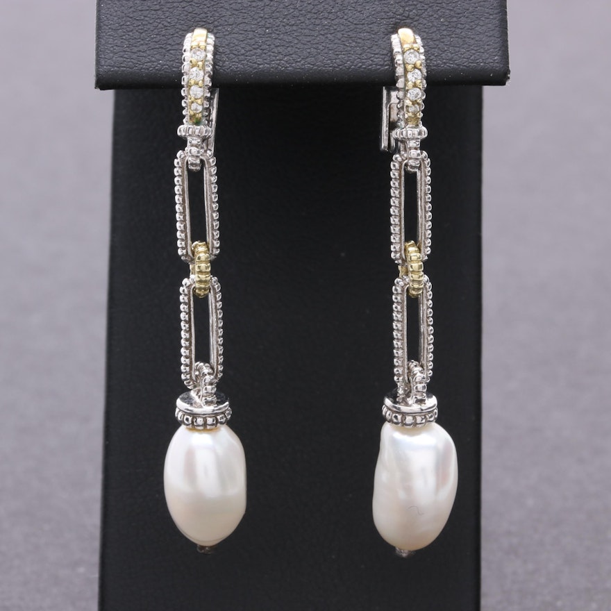 Judith Ripka Sterling Silver and Yellow Gold Cultured Pearl and Diamond Earrings