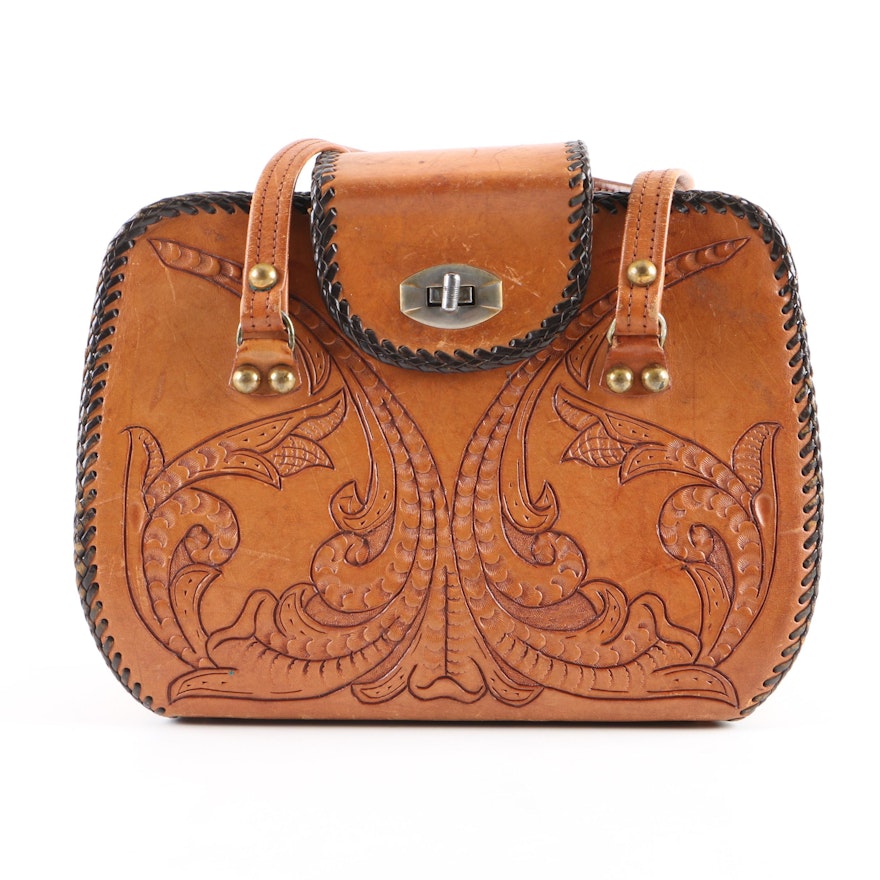 Vintage Brown Tooled Leather Handbag