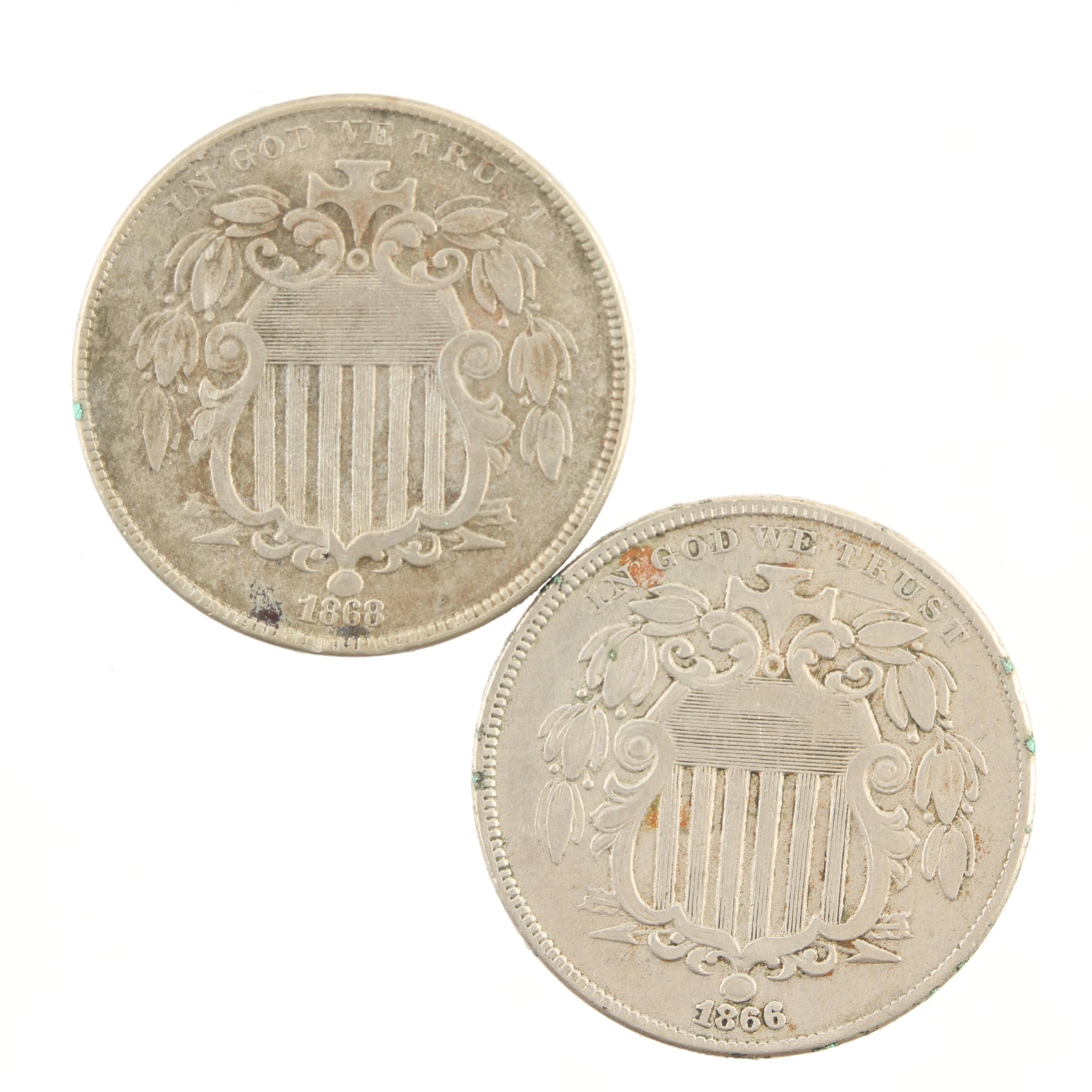 Two Antique U.S. Shield Nickels