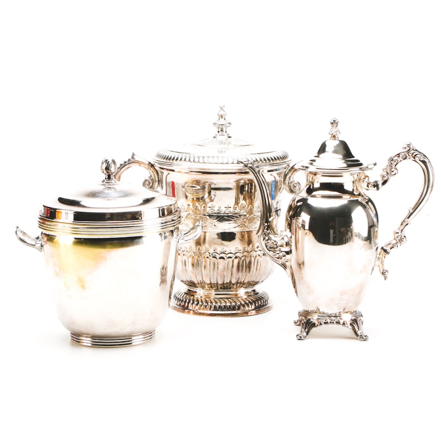 Silverplate Ice Buckets and Coffee Dispenser