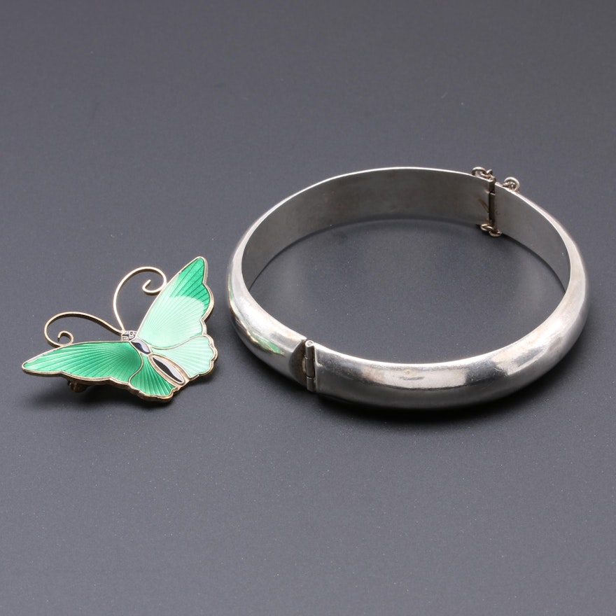 Sterling Bracelet and Butterfly Pin Including Mexico Silver and David Anderson