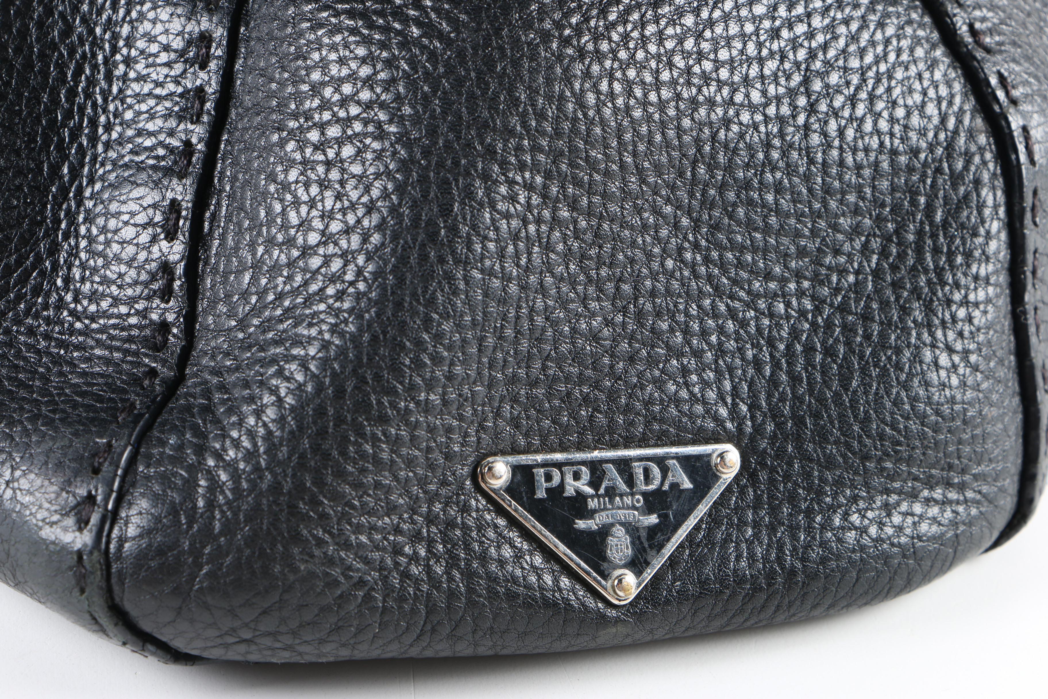 Prada Black Leather Shoulder Bag with Topstitching