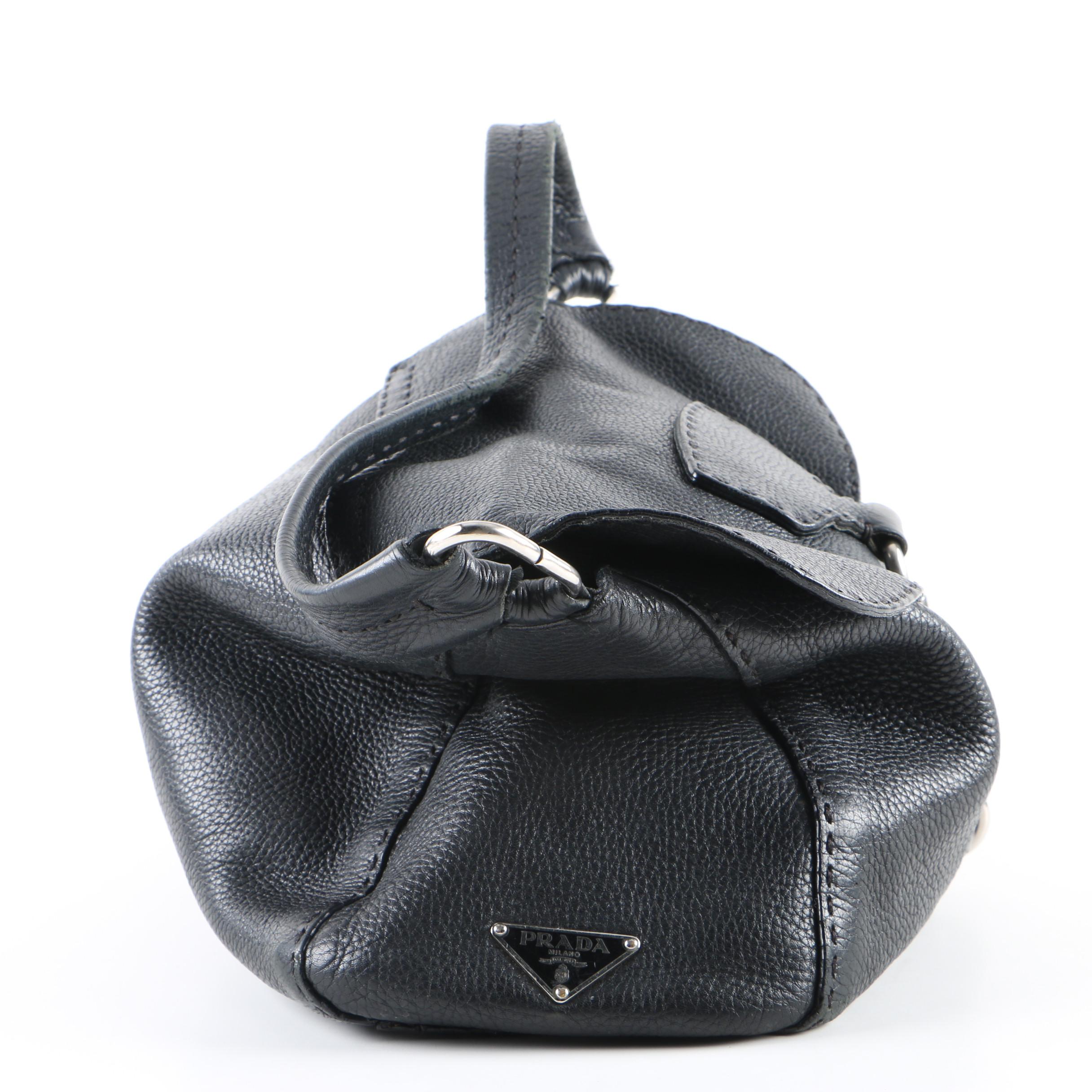 Prada Black Leather Shoulder Bag with Topstitching