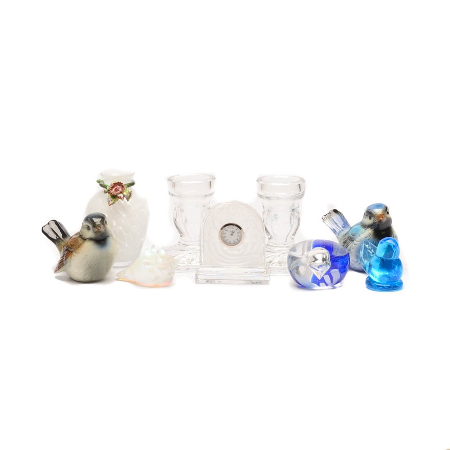 Baccarat "Art Deco" Clock, Waterford Crystal Candlesticks and Figurines