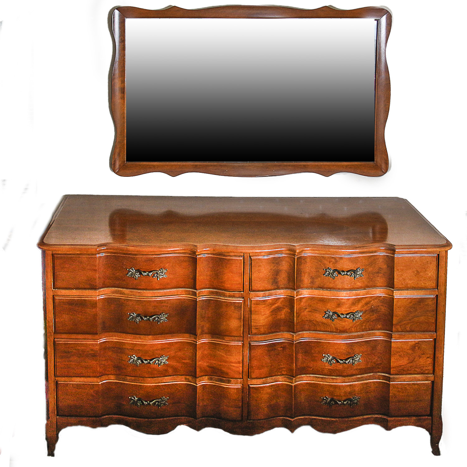 Vintage French Provincial Style Serpentine Dresser with Mirror by Burns