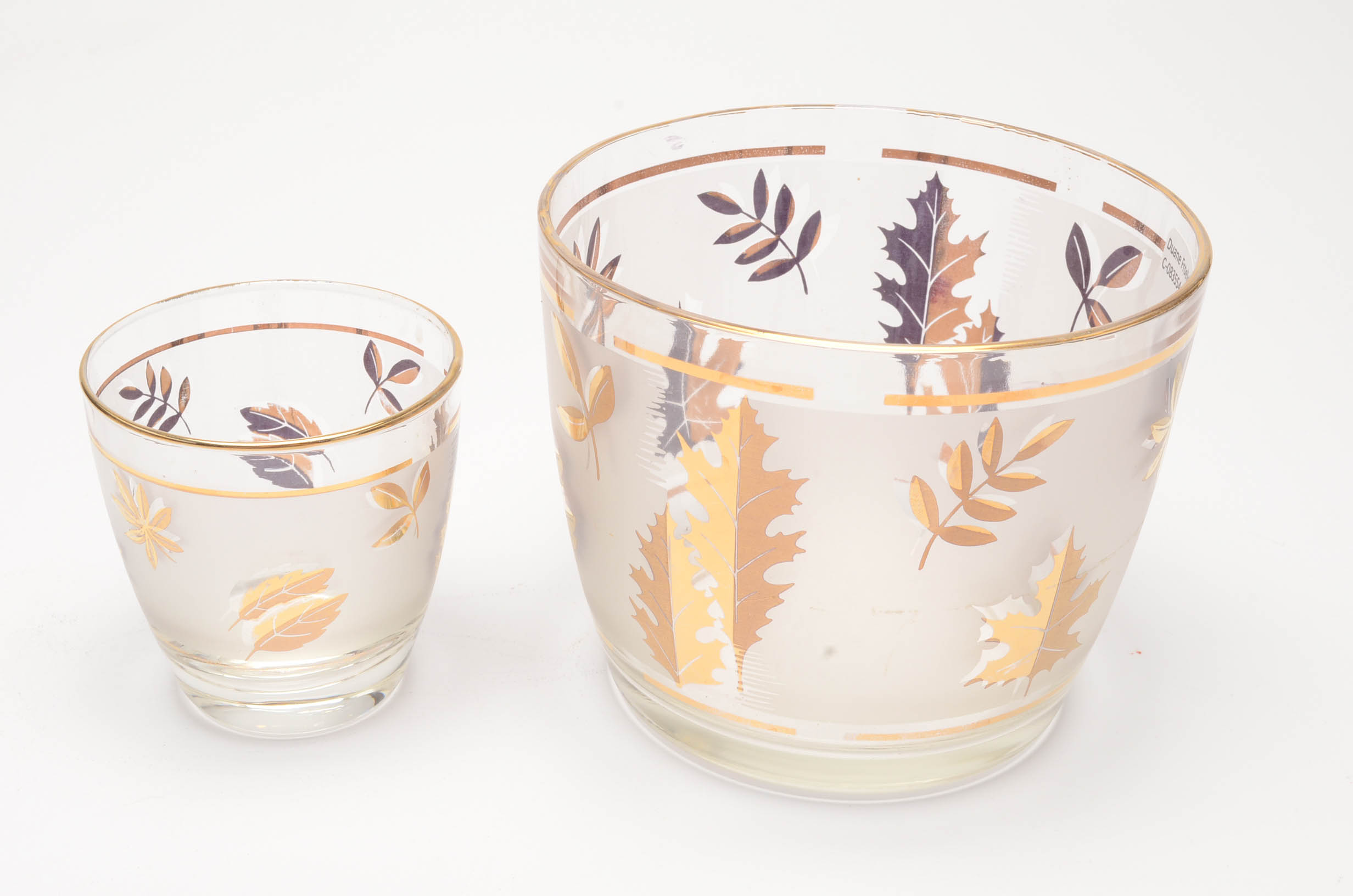 Mid Century Libbey Glass Company "Golden Foliage" Glassware and Bar Caddy