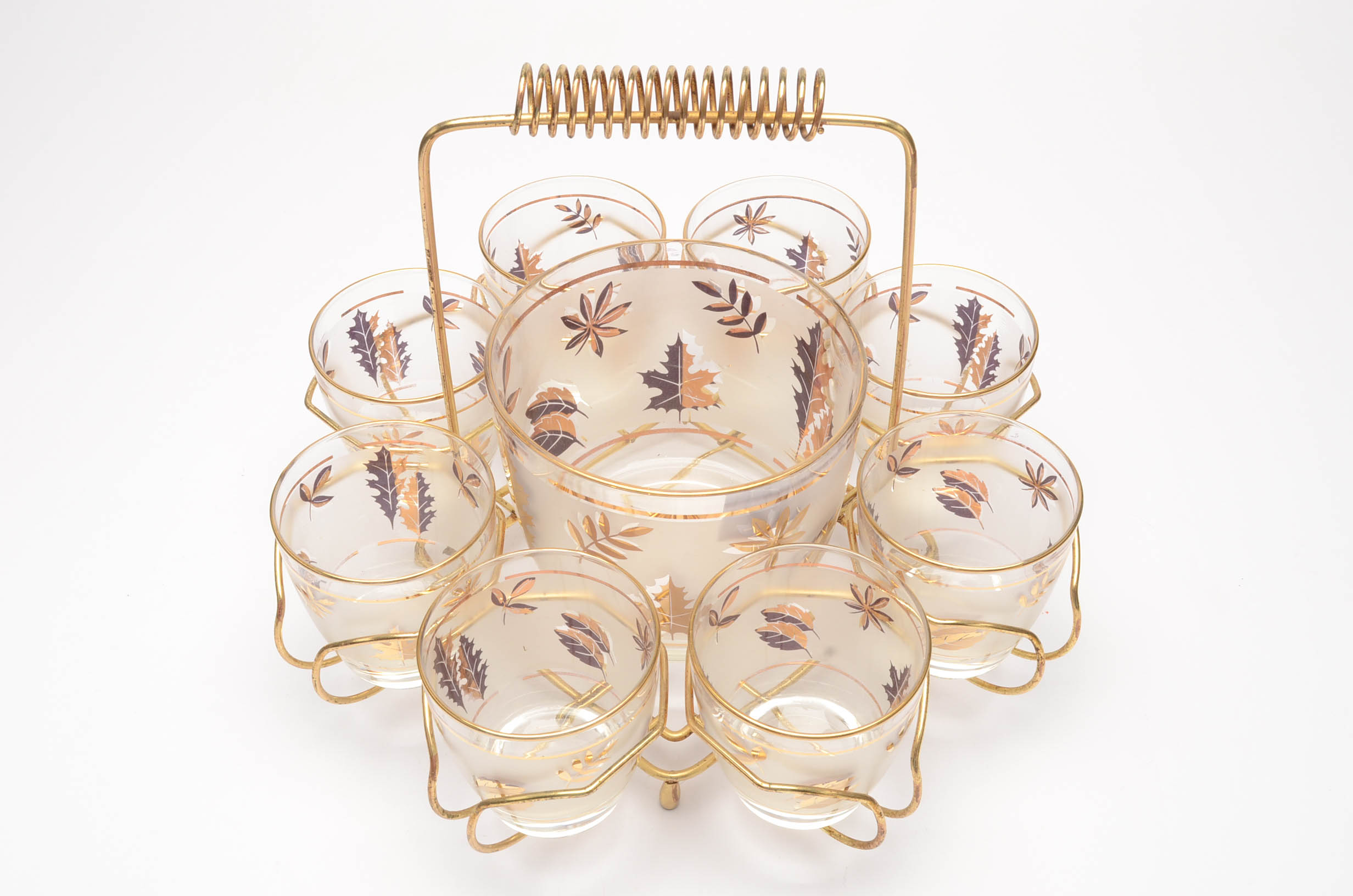 Mid Century Libbey Glass Company "Golden Foliage" Glassware and Bar Caddy