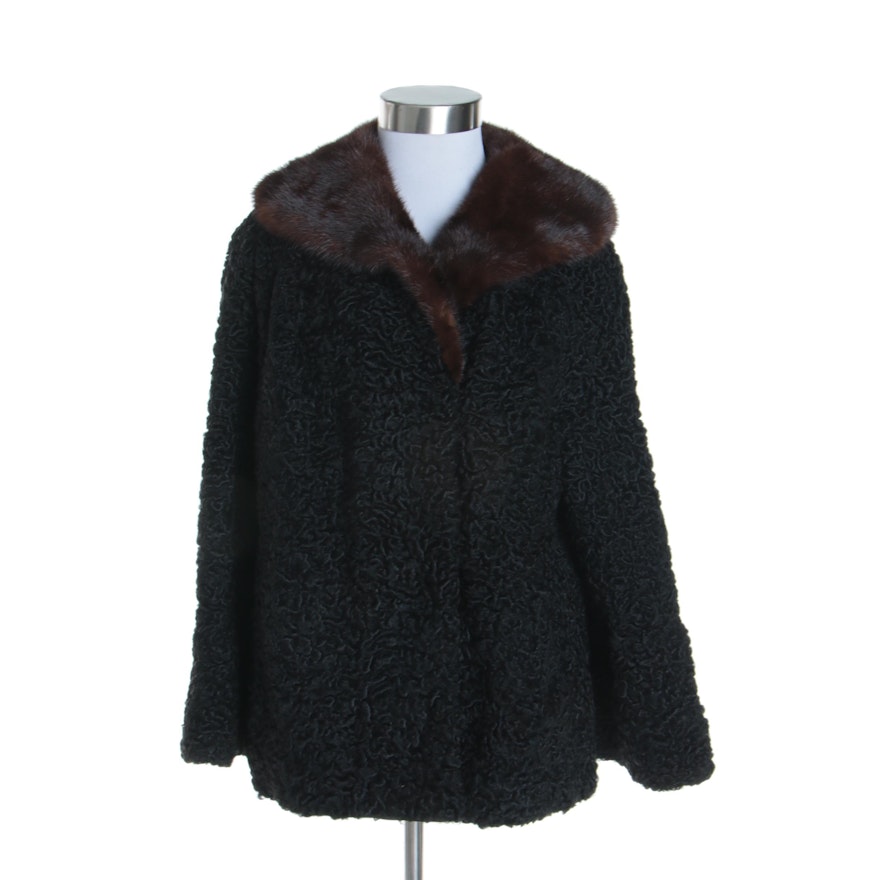 Women's Vintage Conrad Furs Black Persian Lamb Coat with Mink Fur Collar