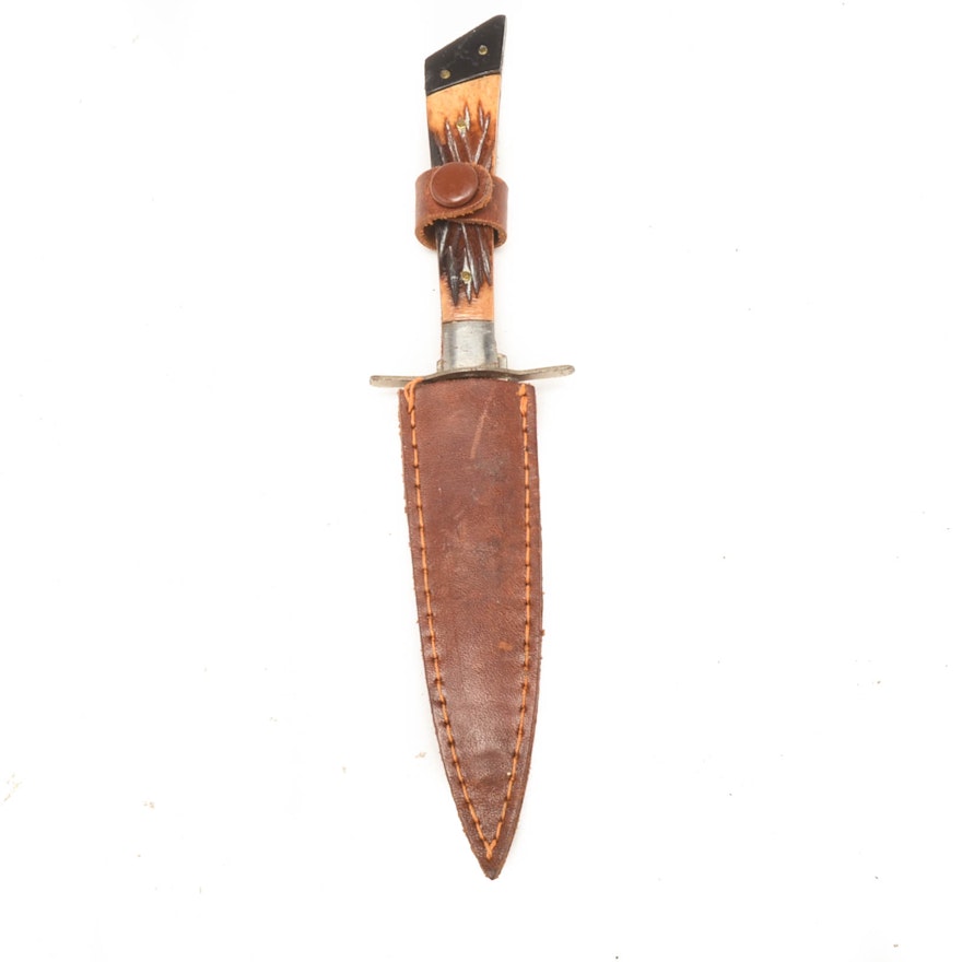 Vintage Marked Japan Utility Knife With Leather Holder