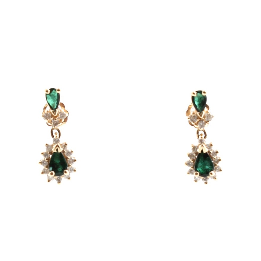 14K Yellow Gold Emerald and Diamond Earrings