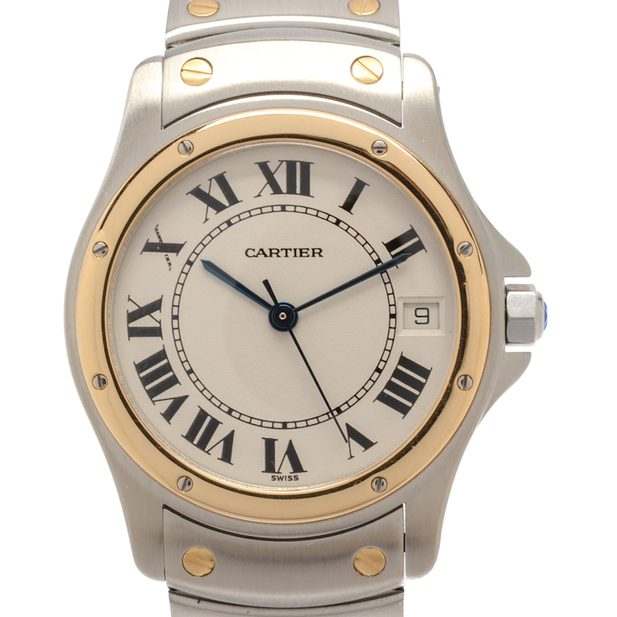 Cartier "Santos Ronde" 18K Yellow Gold and Stainless Analog Wristwatch