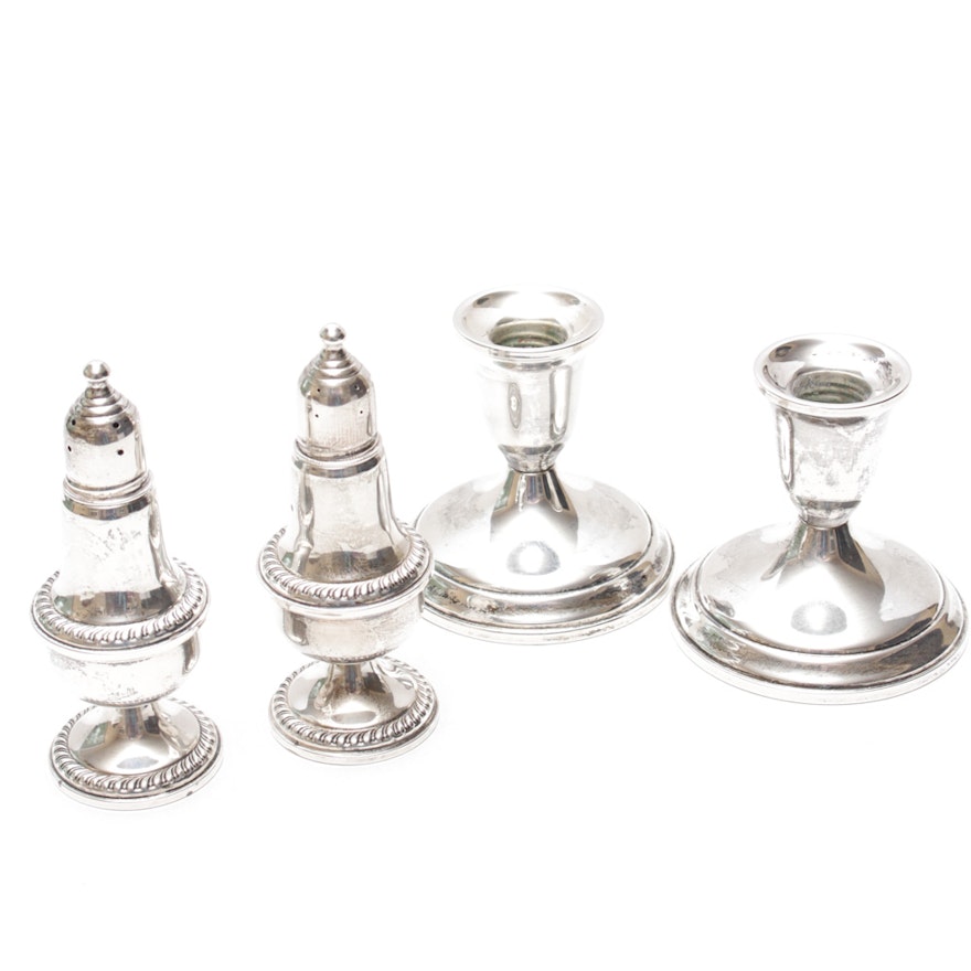 Weighted Sterling Silver Candlesticks and Shakers including Towle