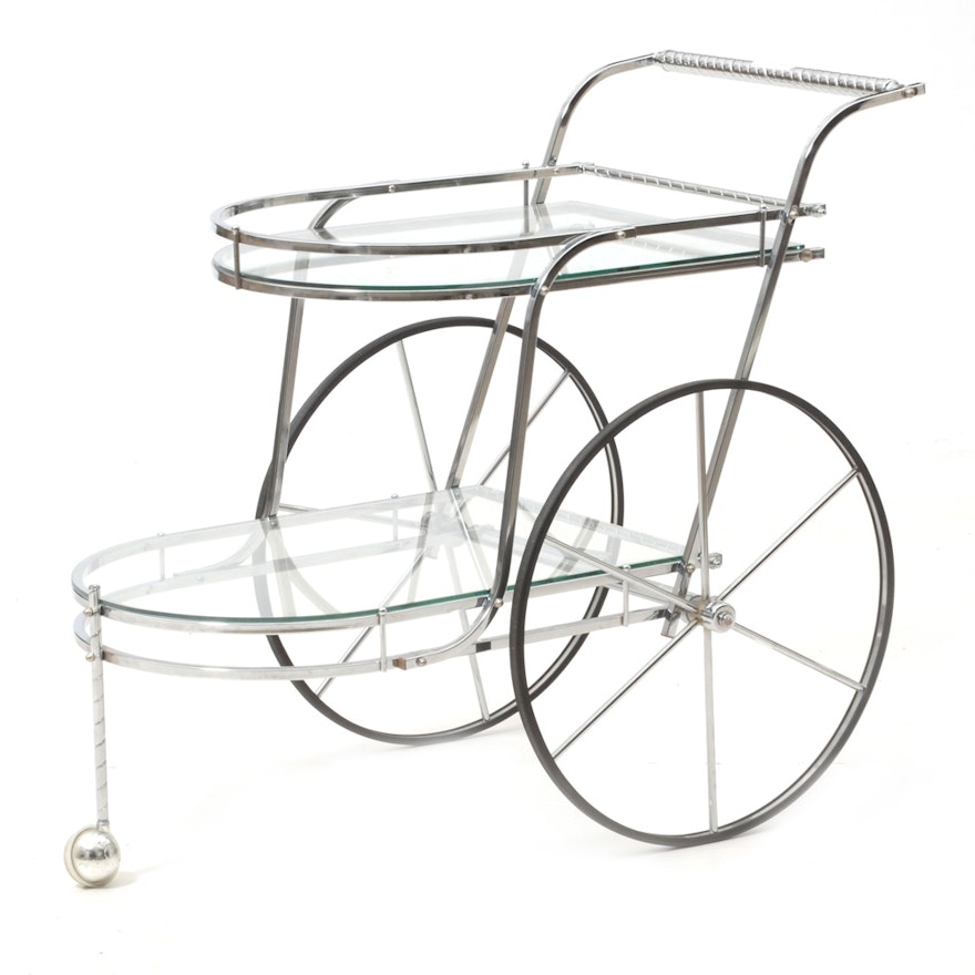 Vintage Chrome and Glass Big-Wheeled Serving Cart