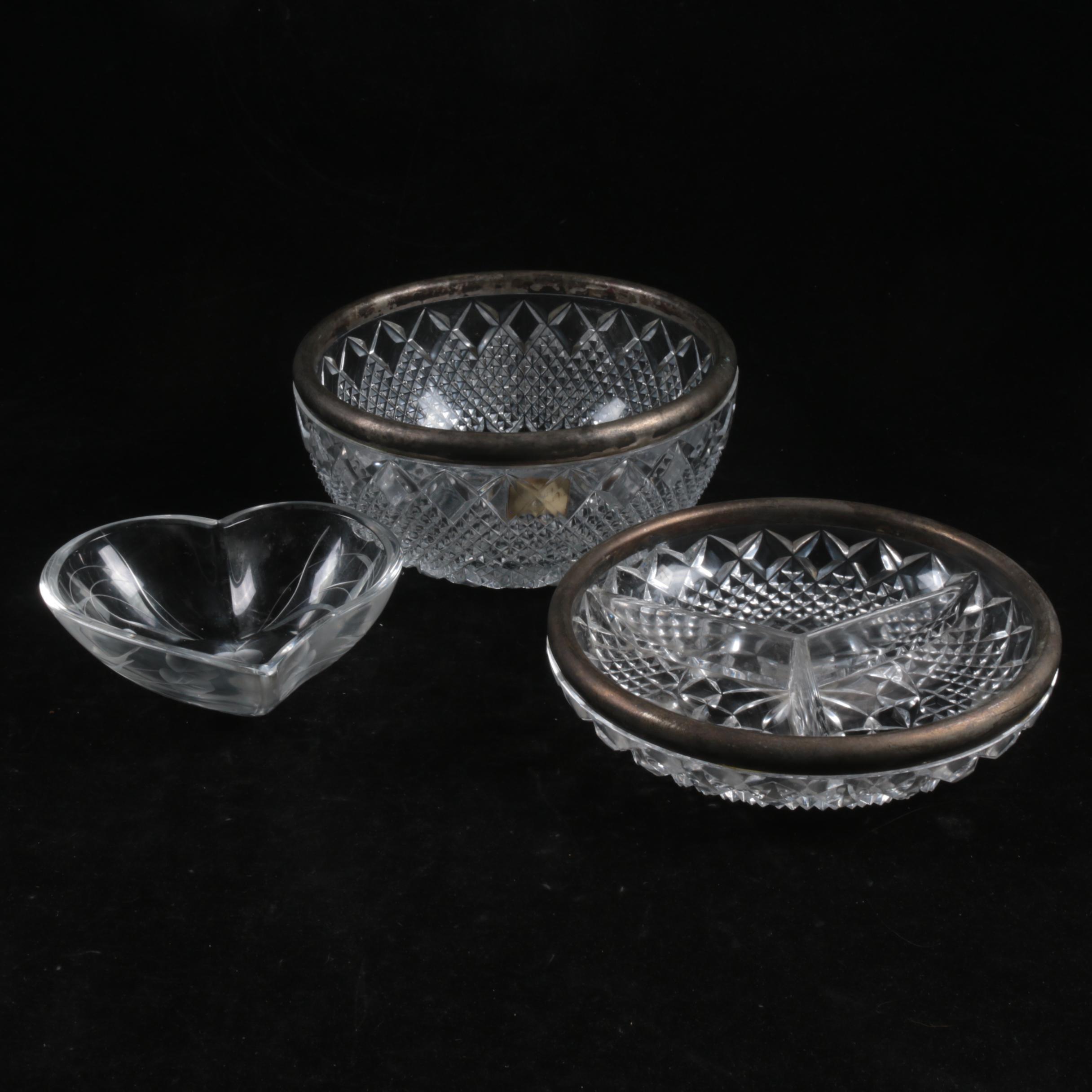 F.B. Rogers Silver Rimmed Crystal Bowls with Heart Bowl