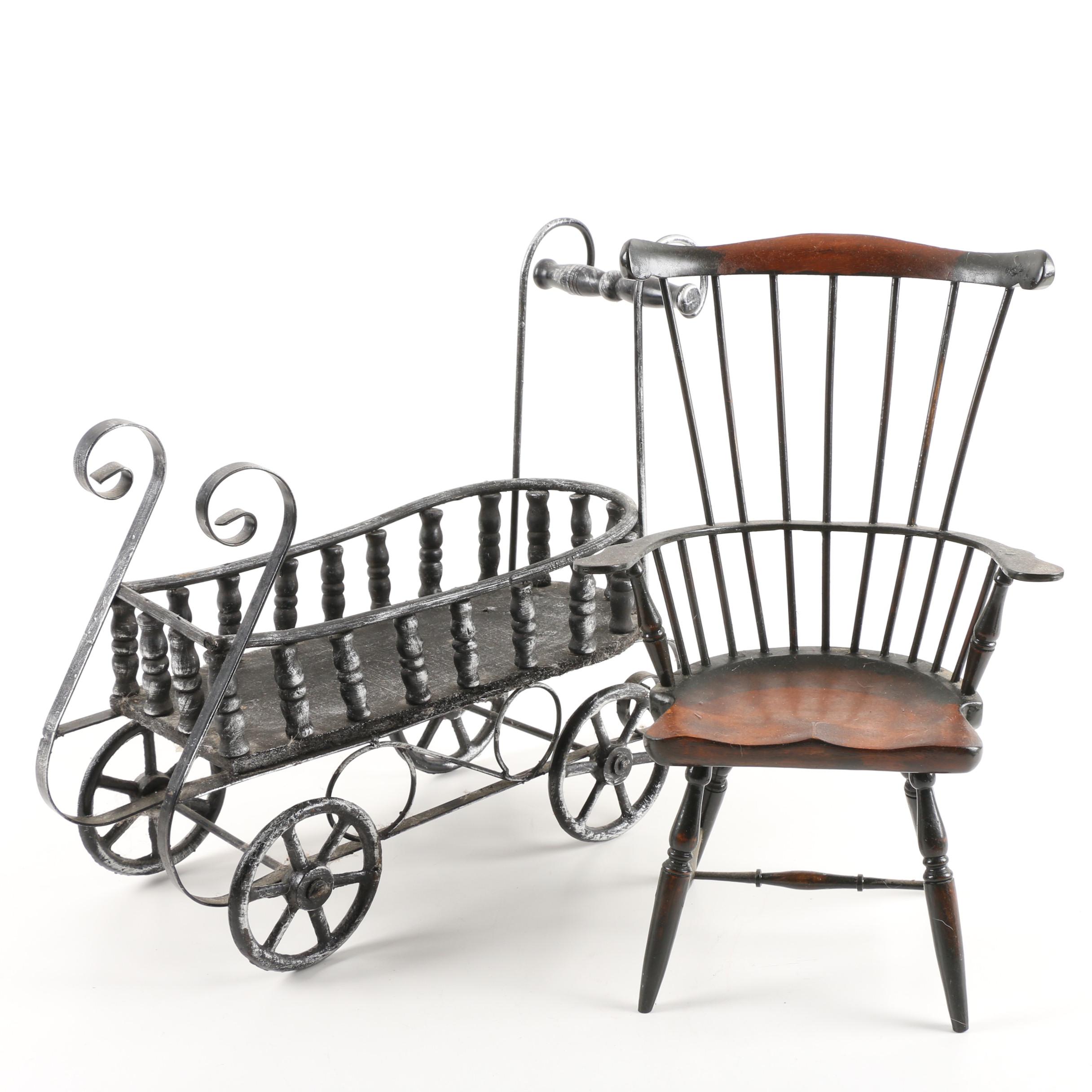 Diminutive Windsor Style Armchair with Metal and Wood Pram