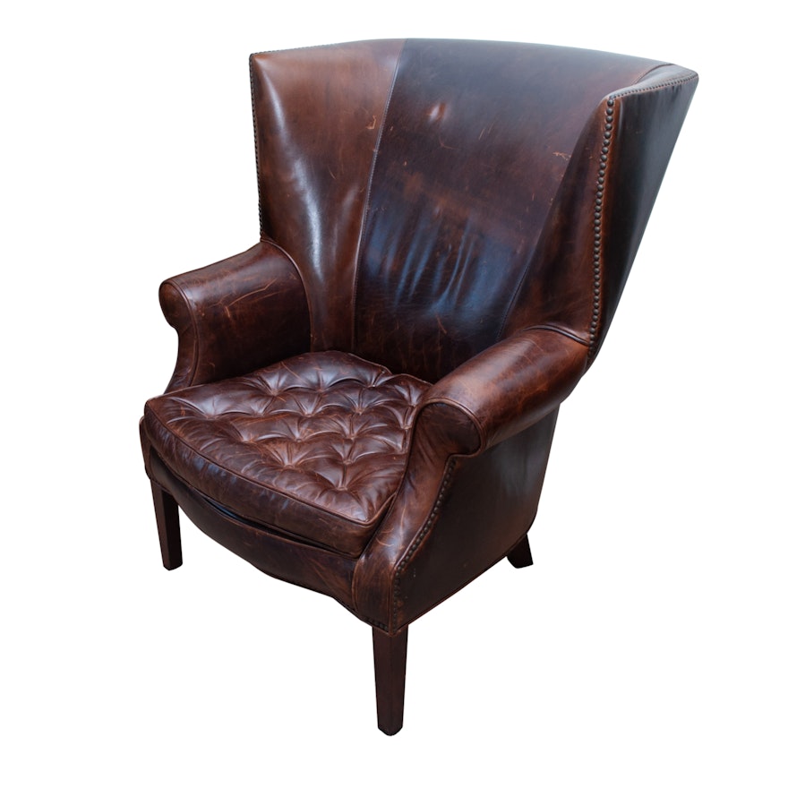 Restoration Hardware Brown Leather Wing Chair