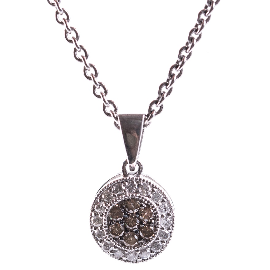 Sterling Silver, Diamond, and Brown Diamond Circle Pendant Necklace