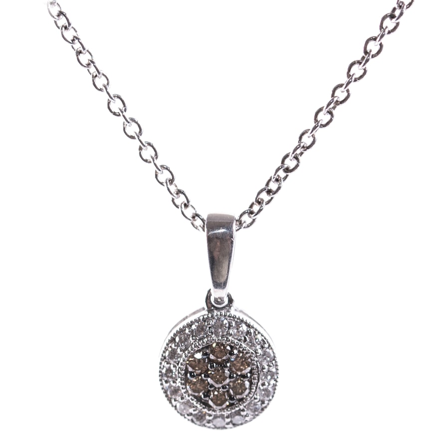Sterling Silver, Diamond, and Brown Diamond Circle Pendant Necklace