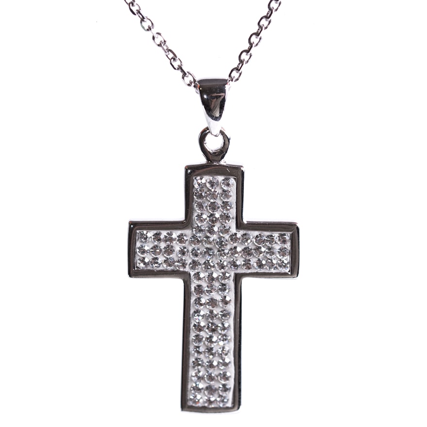 Sterling Silver and Cubic Zirconia Cross Pendant Necklace