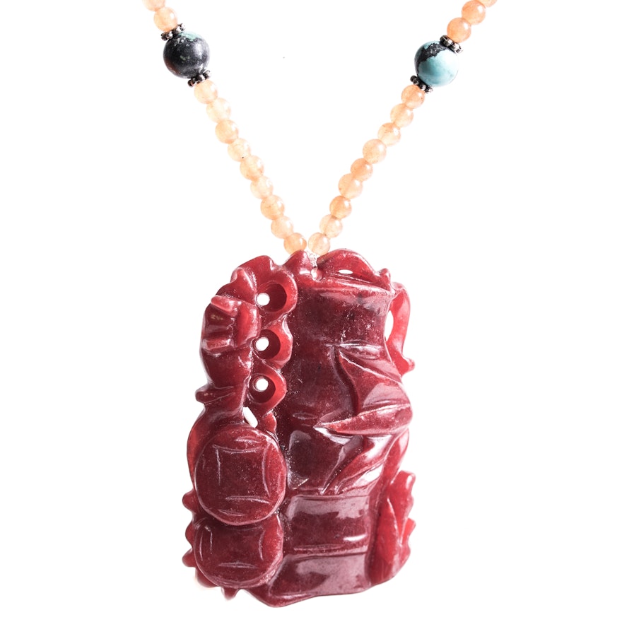 Carved Red Jadeite Pendant With Chalcedony and Turquoise Bead Necklace