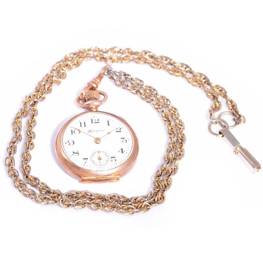 Gold-Filled Hampden Open Face Pocket Watch with Fob