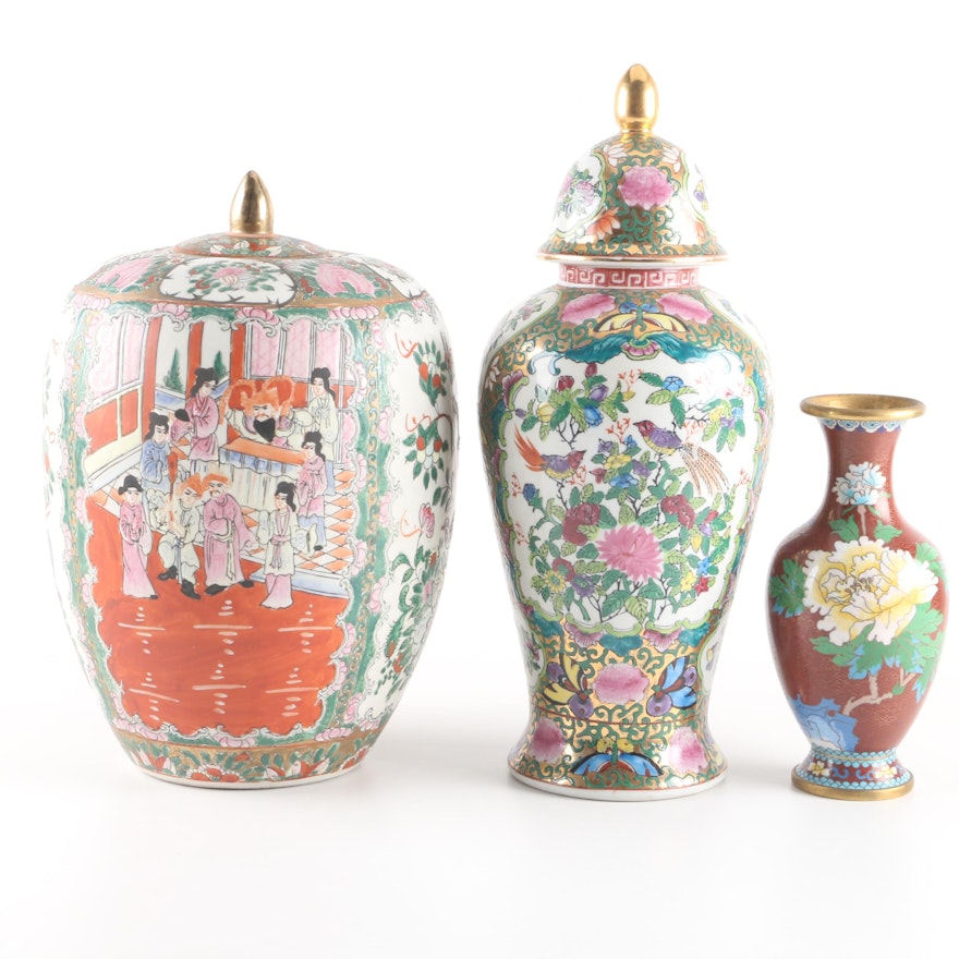 Chinese Cloisonne Vase with Ceramic Jars