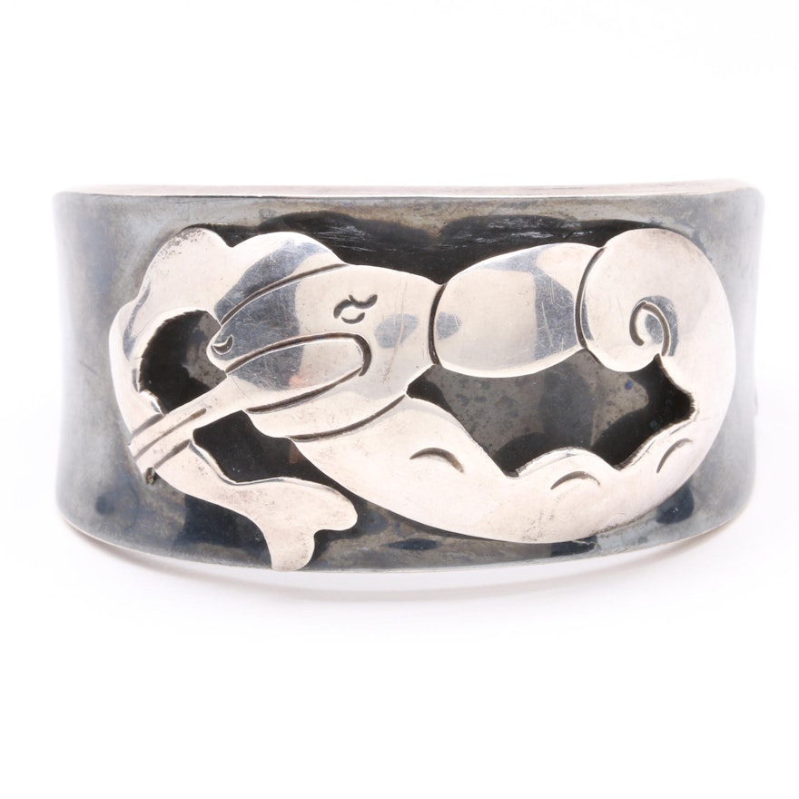 Vintage Mexican Sterling Silver Shadowbox Bangle with Snake Motif