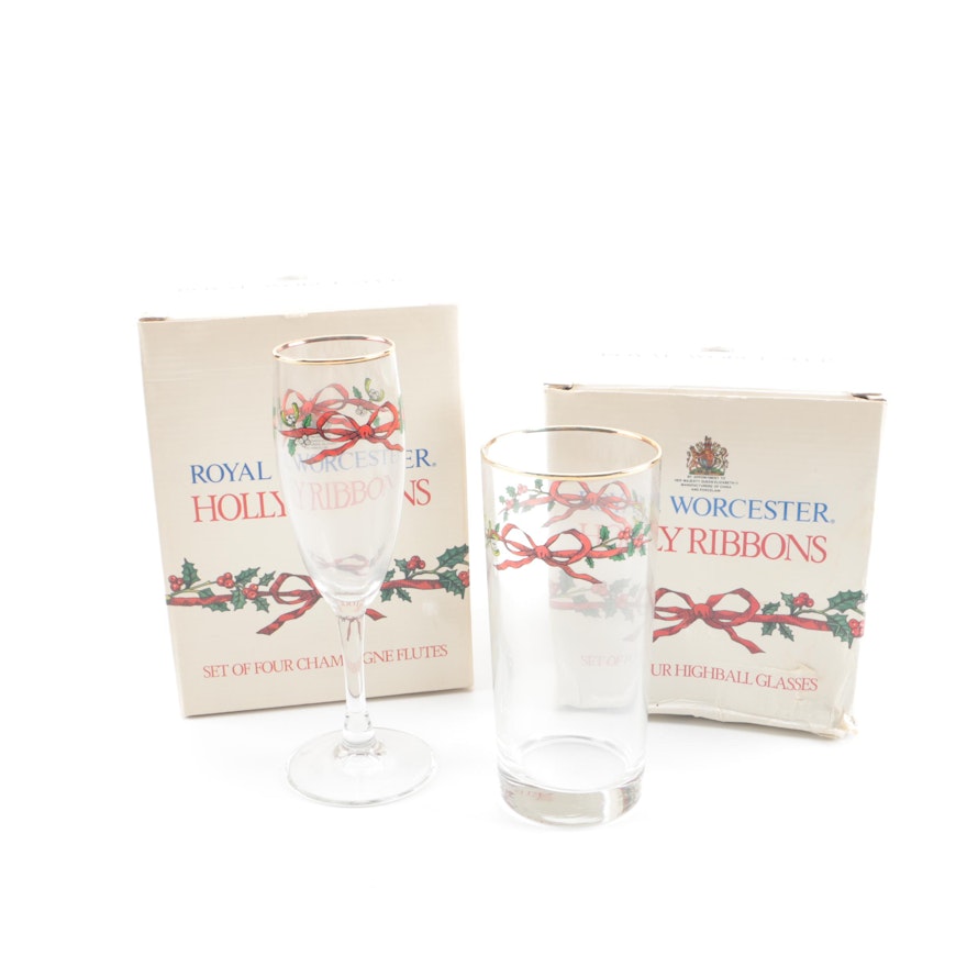 Royal Worcester "Holly Ribbons" Champagne Flutes and Highball Glasses