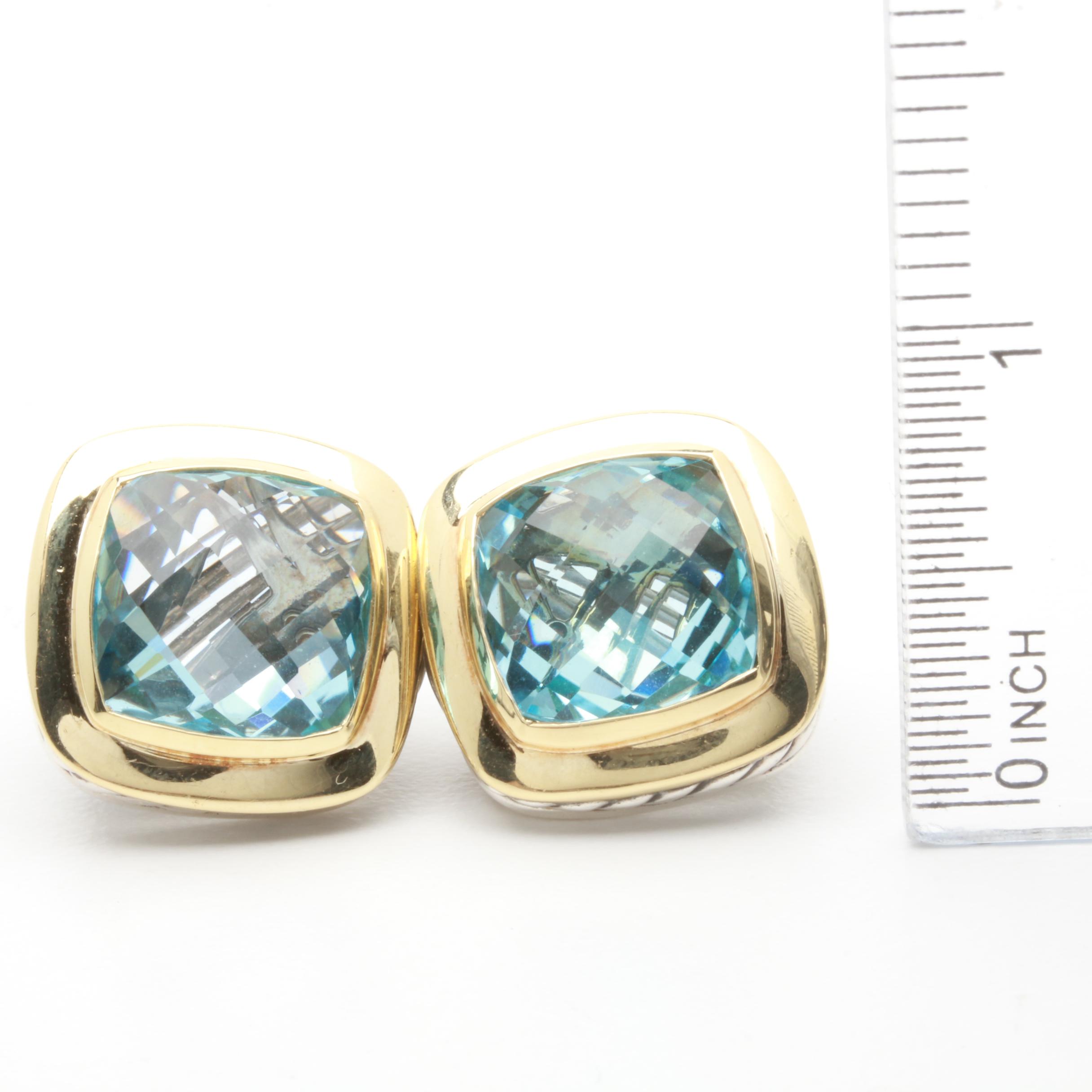David Yurman Sterling Silver and 18K Yellow Gold Blue Topaz Earrings