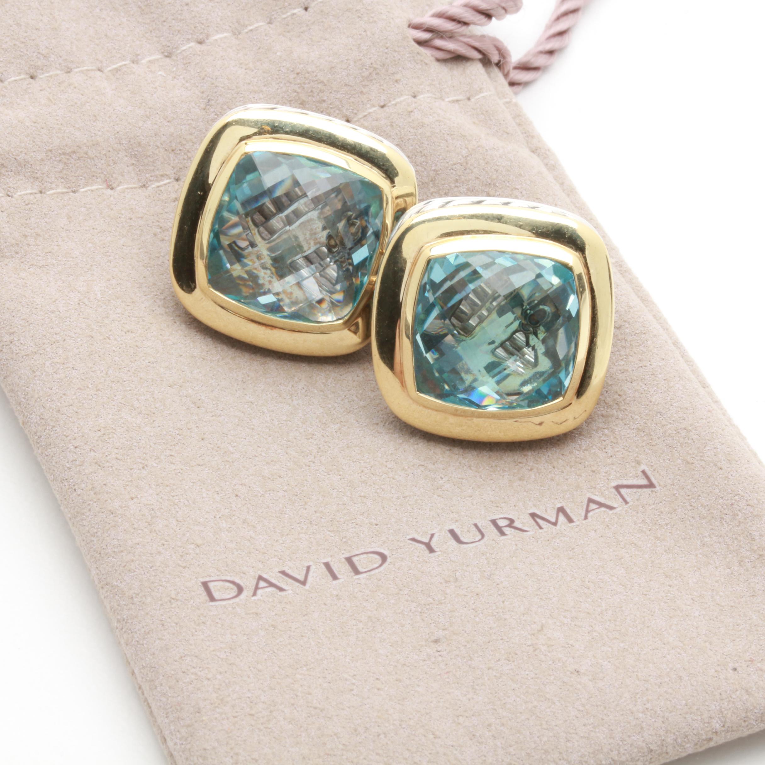 David Yurman Sterling Silver and 18K Yellow Gold Blue Topaz Earrings