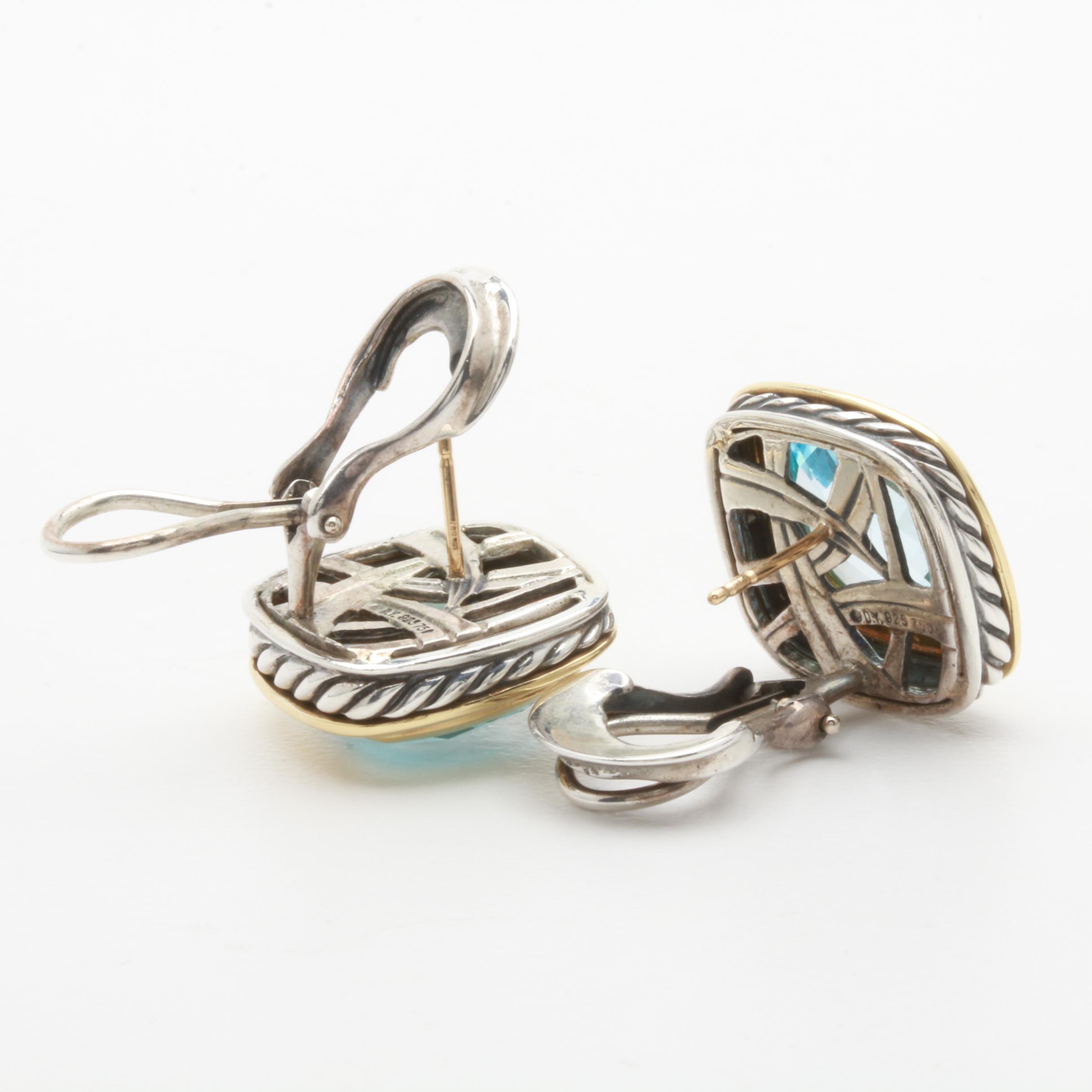 David Yurman Sterling Silver and 18K Yellow Gold Blue Topaz Earrings