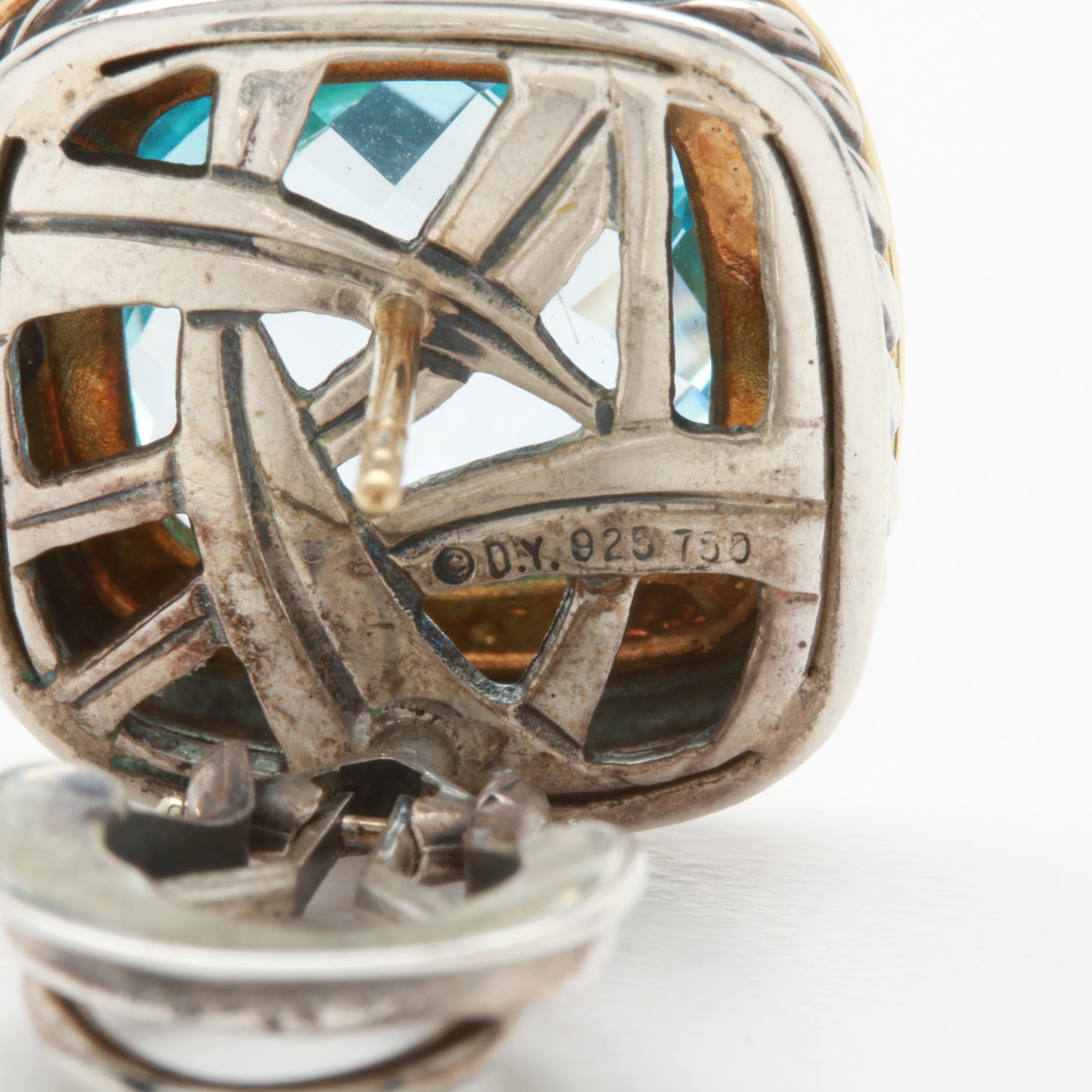 David Yurman Sterling Silver and 18K Yellow Gold Blue Topaz Earrings