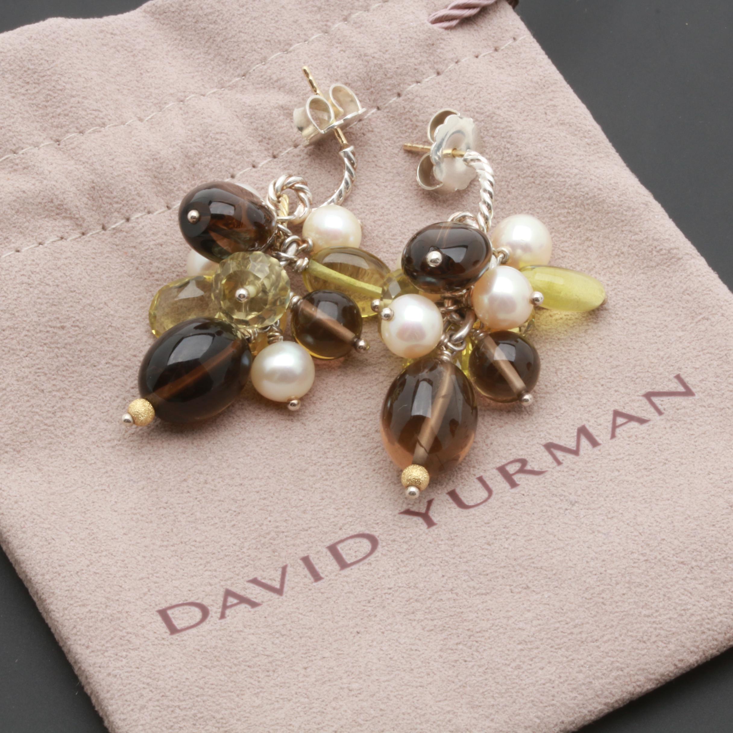 David Yurman Sterling Silver 18K Yellow Gold Cultured Pearl Gemstone Earrings