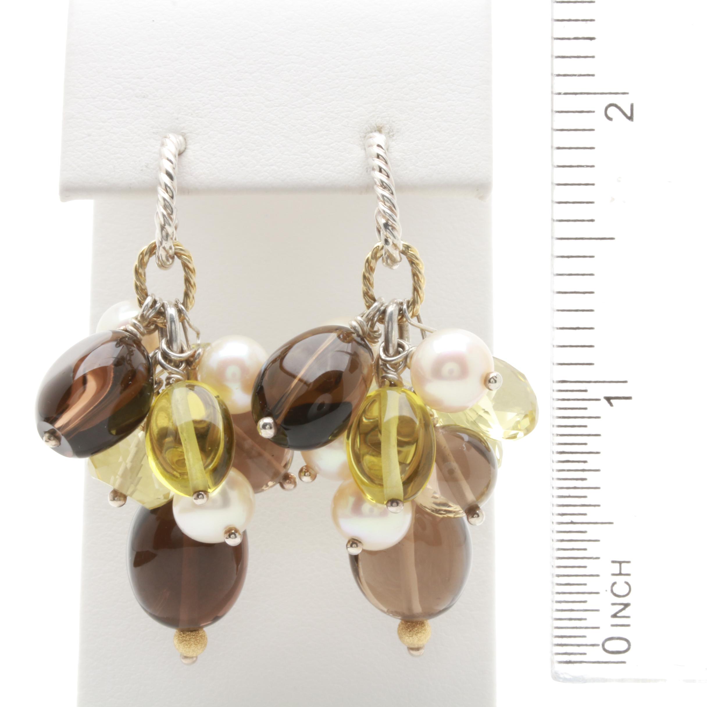 David Yurman Sterling Silver 18K Yellow Gold Cultured Pearl Gemstone Earrings